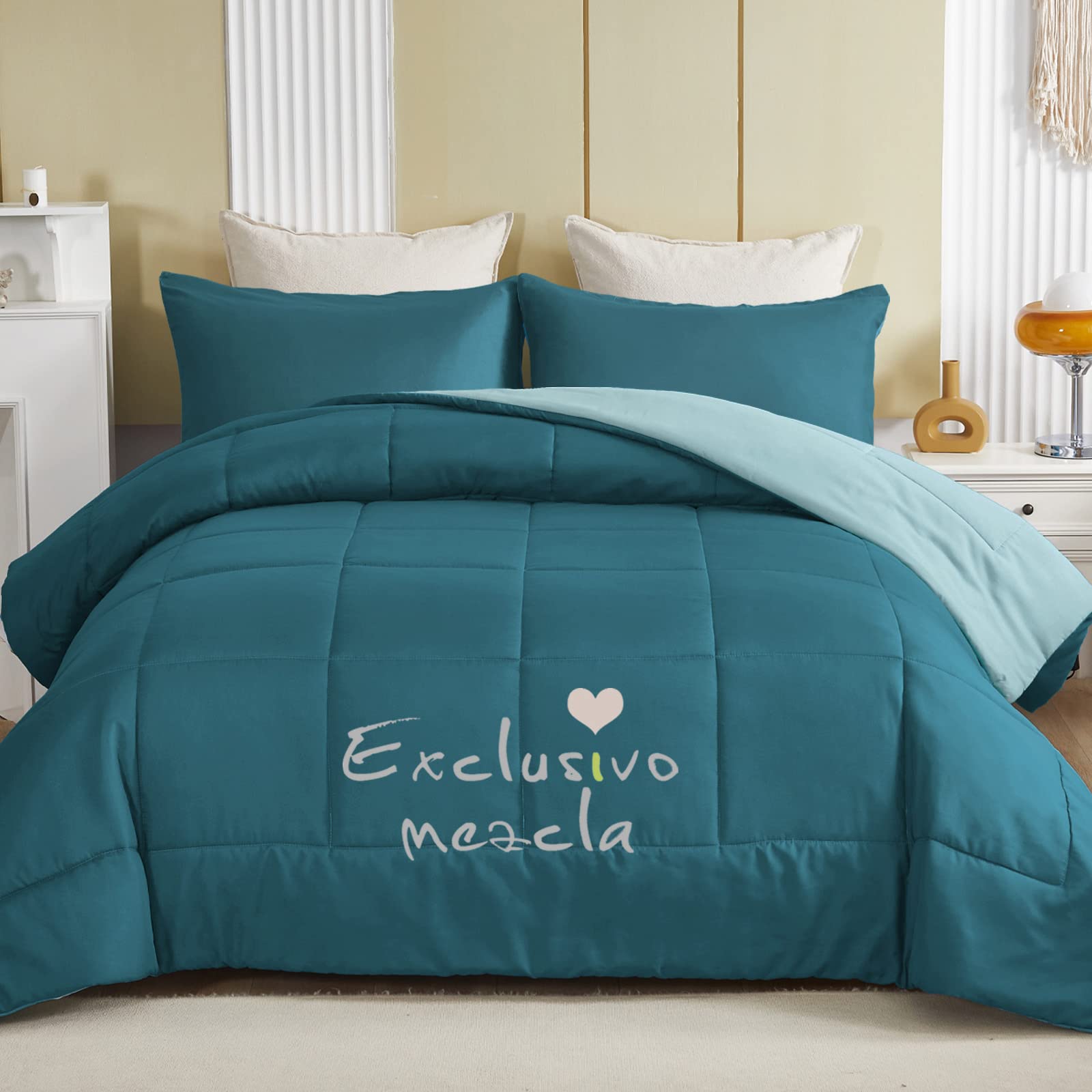 Lightweight Reversible 3-Piece Comforter Set - All Seasons Down Alternative Bedding with 2 Pillow Shams, King Size in Dusty Teal/Aqua Blue - Perfect for Master Bedroom, Guest Room & Dorm Decor