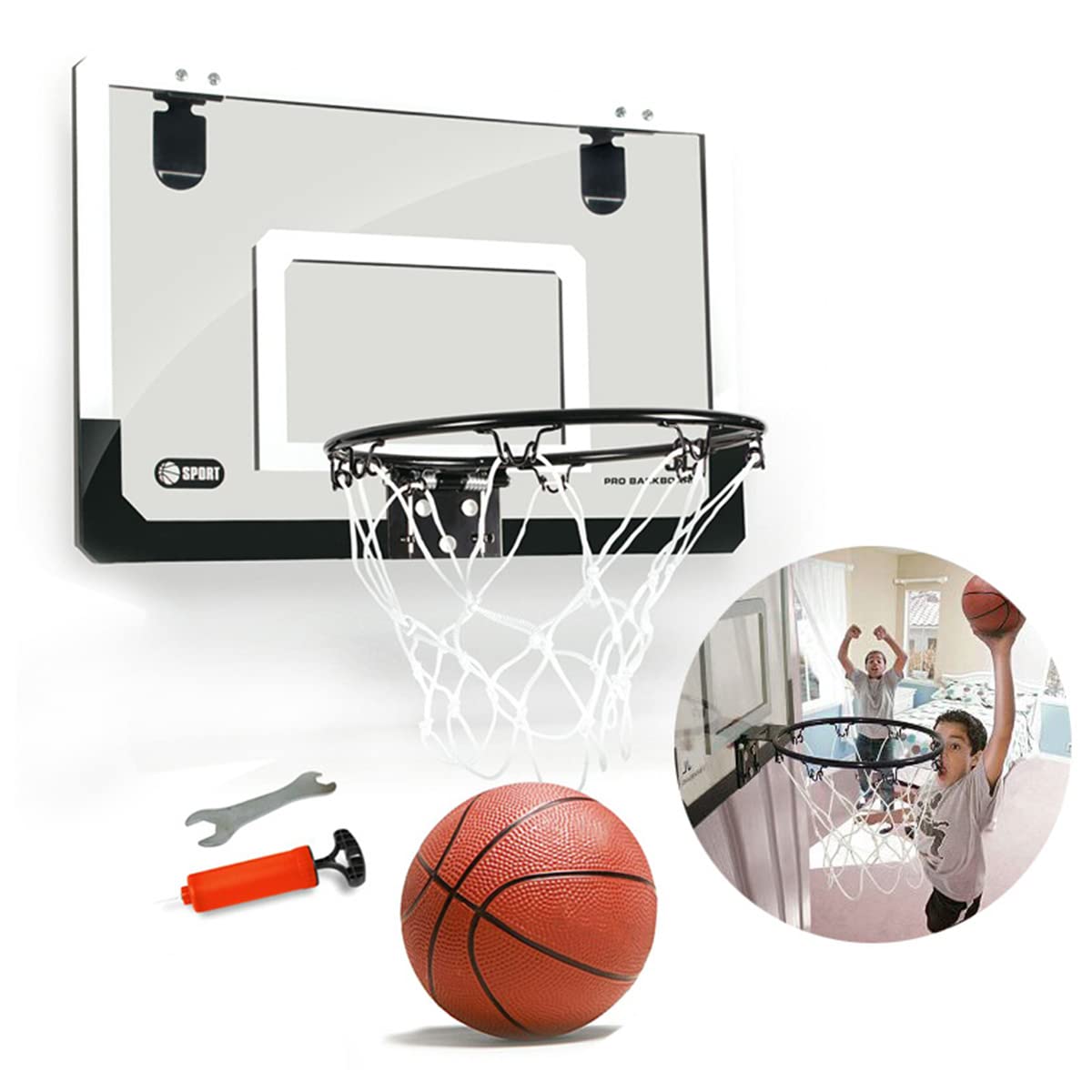 SCOSAO Mini Indoor Basketball Hoop Set for Kids & Adults - Wall Mounted Door Basketball Hoop with Ball & Accessories - Fun Sports Training Game for Home, Office & Playroom
