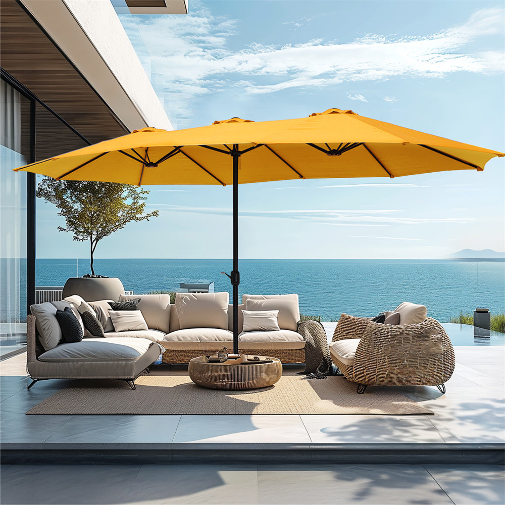 PHI VILLA 15ft Double Sided Extra Large Patio Umbrella with Base - Outdoor Sun Shade for Pool, Garden, Backyard and Beach - Heavy Duty Cantilever Market Umbrella for Commercial or Residential Use