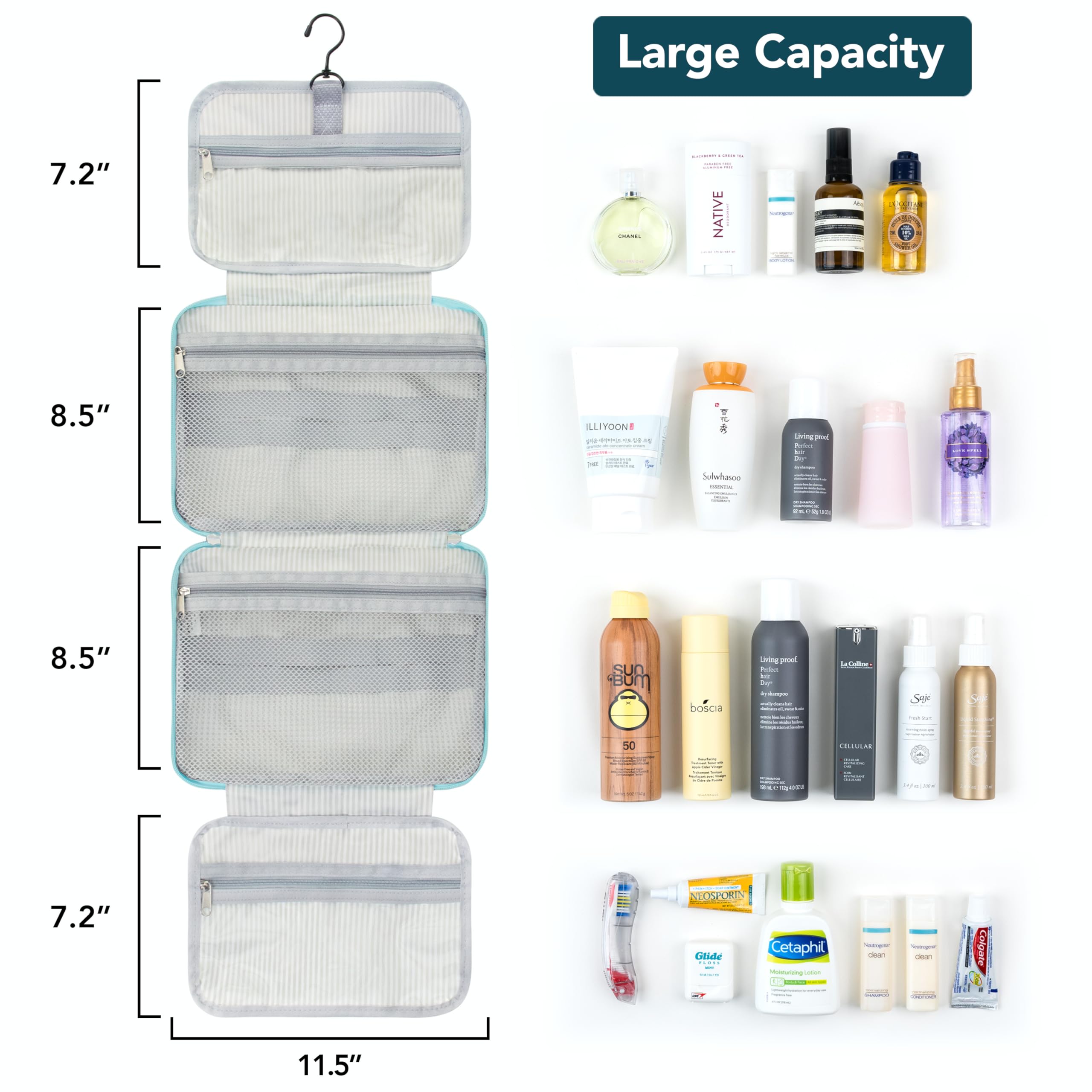 PAVILIA Hanging Travel Toiletry Bag for Women & Men - Foldable Water-Resistant Cosmetic Organizer, Roll-Up Makeup Bag with Large Capacity - Perfect for Camping, Gym, Business Trips & Vacation Essentials (Teal Chevron)