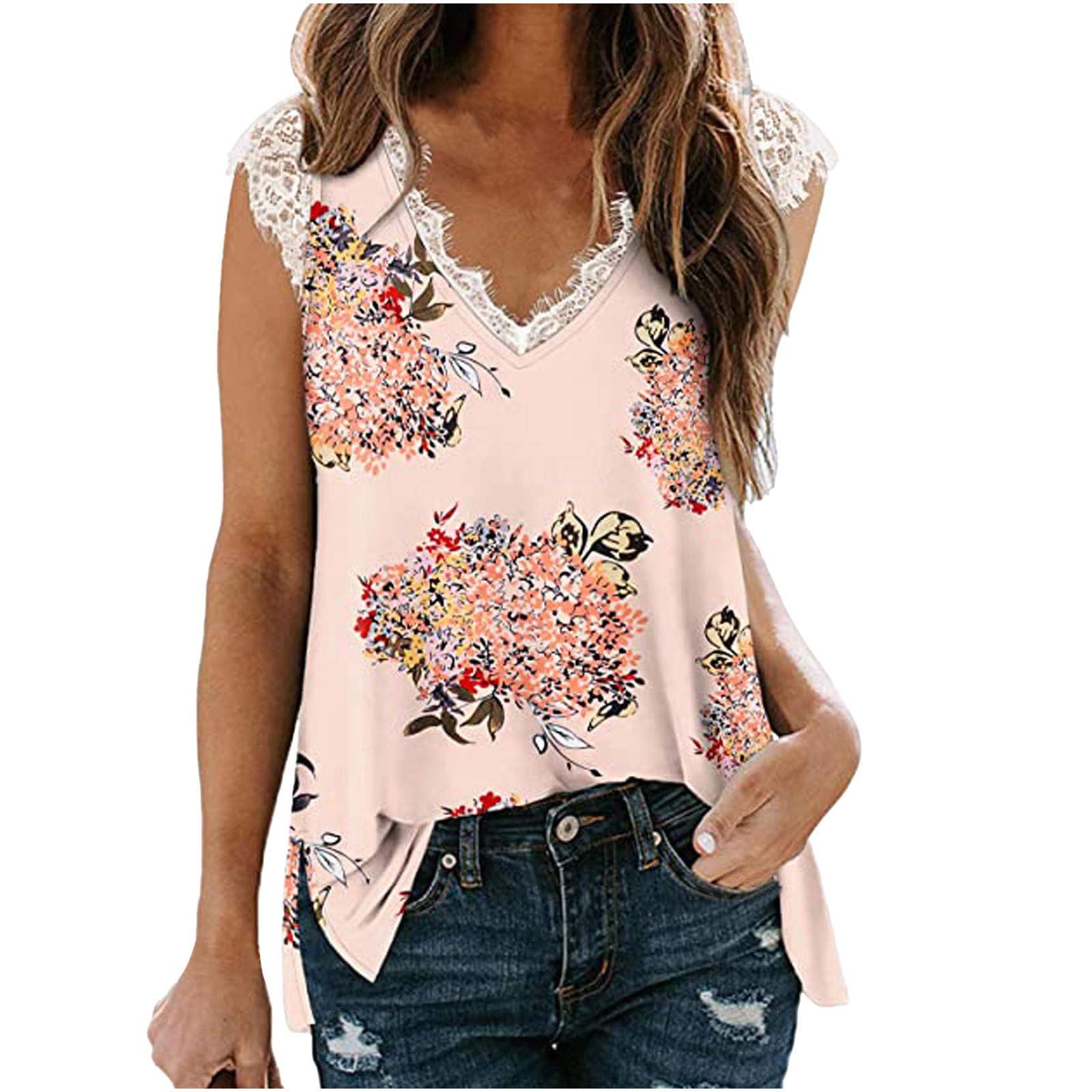 FAVIPT Women's Lace Tank Top - Trendy Floral V-Neck Sleeveless Cami Top with Lace Trim | Perfect for Summer, Beach Wear & Dressy Occasions