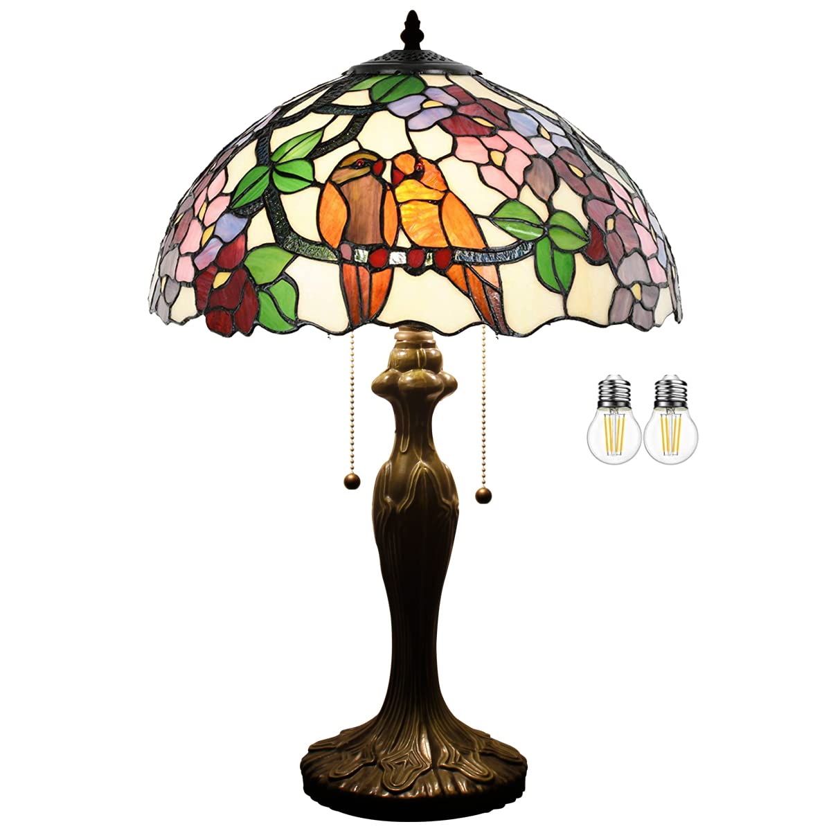 Tiffany Style Table Lamp with Double Birds - Colorful Stained Glass Bedside Lamp 16X16X24 Inches - Metal Base Desk Light for Bedroom, Living Room & Home Office Decor - S803 Series - Perfect for Romantic Ambiance, Reading Nook & Vintage Home Decor