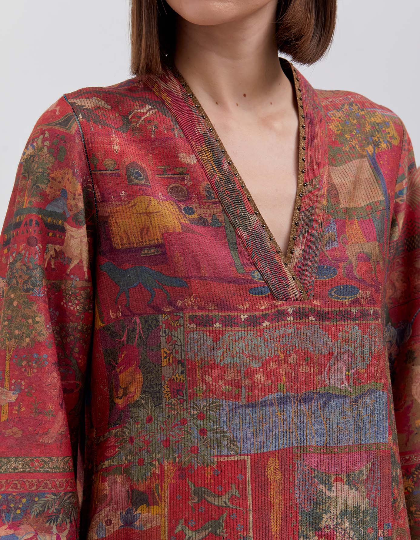 Elegant Damini Kurta in Muga Satin Crimson - Traditional Indian Women's Dress for Festivals & Special Occasions