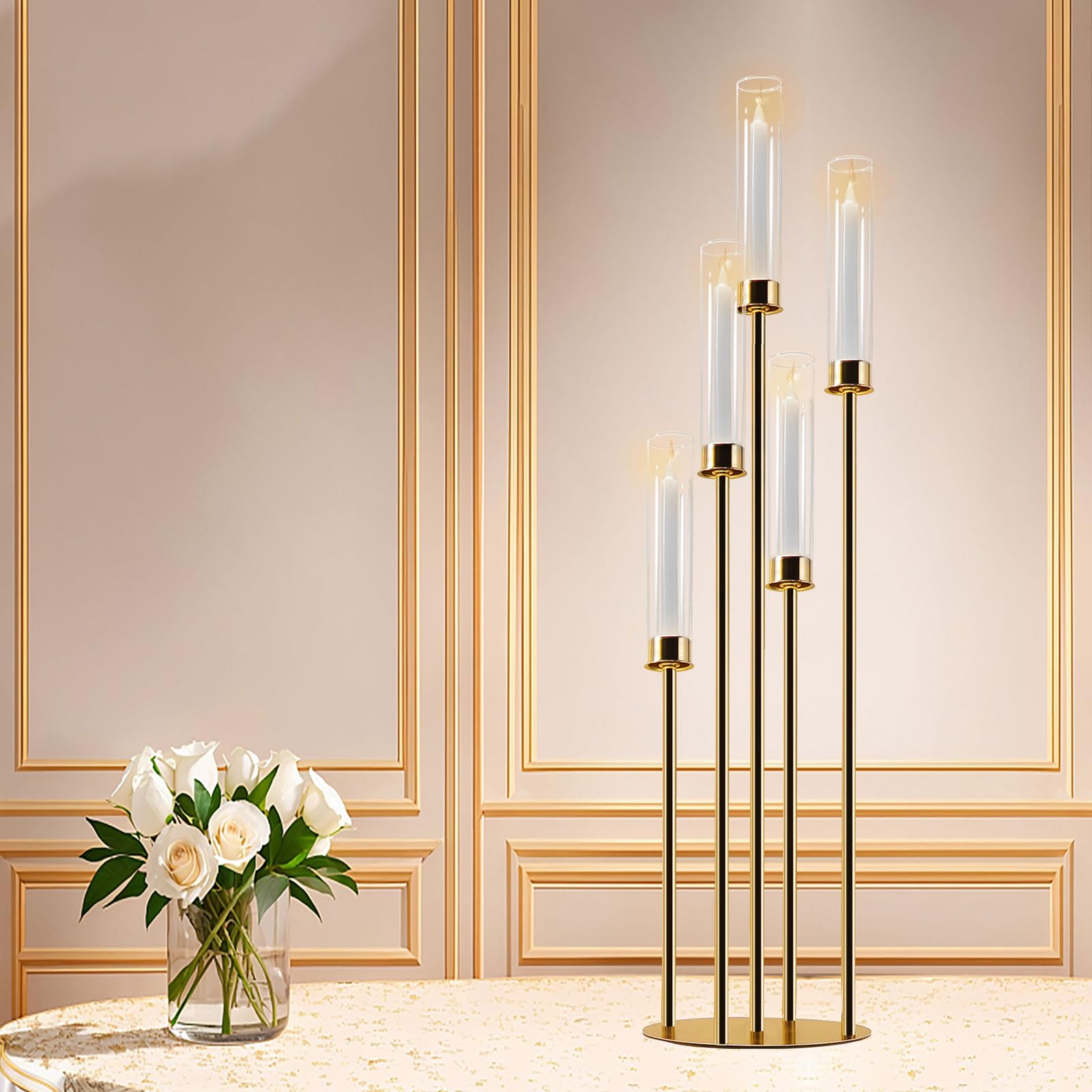 5-Arm Gold Candelabra with Glass Cylinders for Real Candles - Elegant Metal Candle Holder for Wedding, Party & Home Decor - Large Centerpiece (Set of 2) - Perfect for Dining Table, Mantel Decor and Special Events