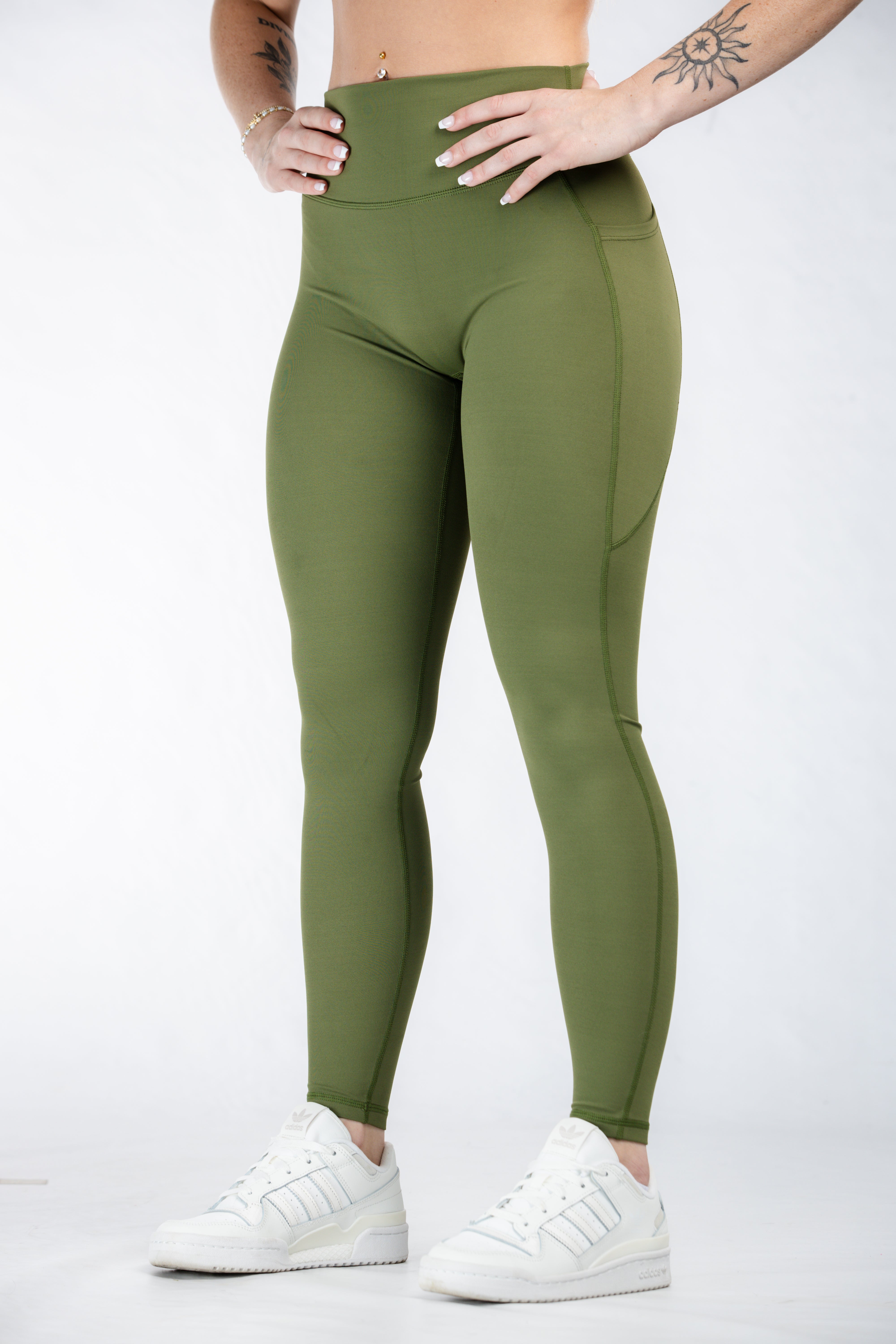 Empowered High Waist Leggings with Pockets - Women's Workout Yoga Pants in Military Green | Perfect for Gym, Running & Everyday Wear