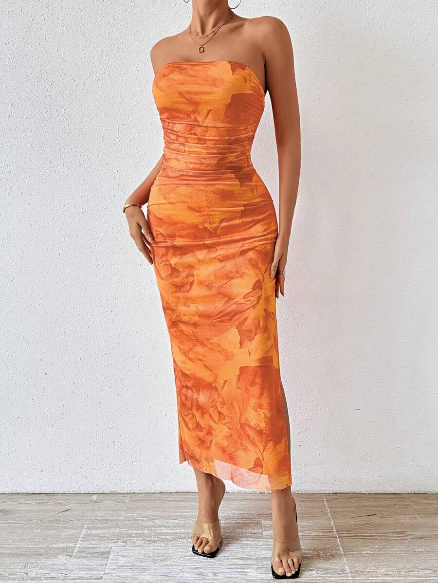Women's Summer Floral Printed Strapless Tube Top Bodycon Maxi Dress with Side Slit & Mesh Layering - Perfect for Beach Vacations, Pool Parties and Night Out