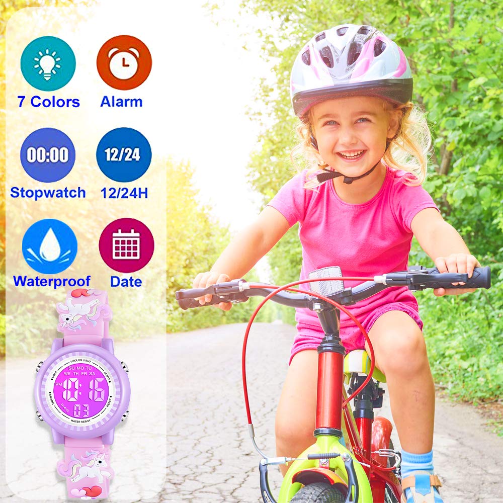Venhoo Kids Digital Watch with 3D Cartoon Design, 7 Color LED Lights, Waterproof, Alarm & Stopwatch - Perfect for 3-10 Year Old Girls - Ideal for School, Playtime & Outdoor Activities