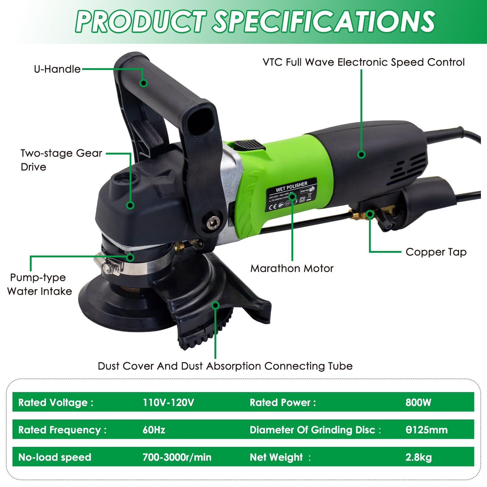 800W 4-Inch Electric Wet Stone Polisher - Variable Speed Grinder & Buffing Machine with 7PCS Diamond Polishing Pads - Perfect for Granite, Tile, Concrete Countertops & Floors - Ideal for Home Renovation, DIY Projects & Professional Surface Polishing