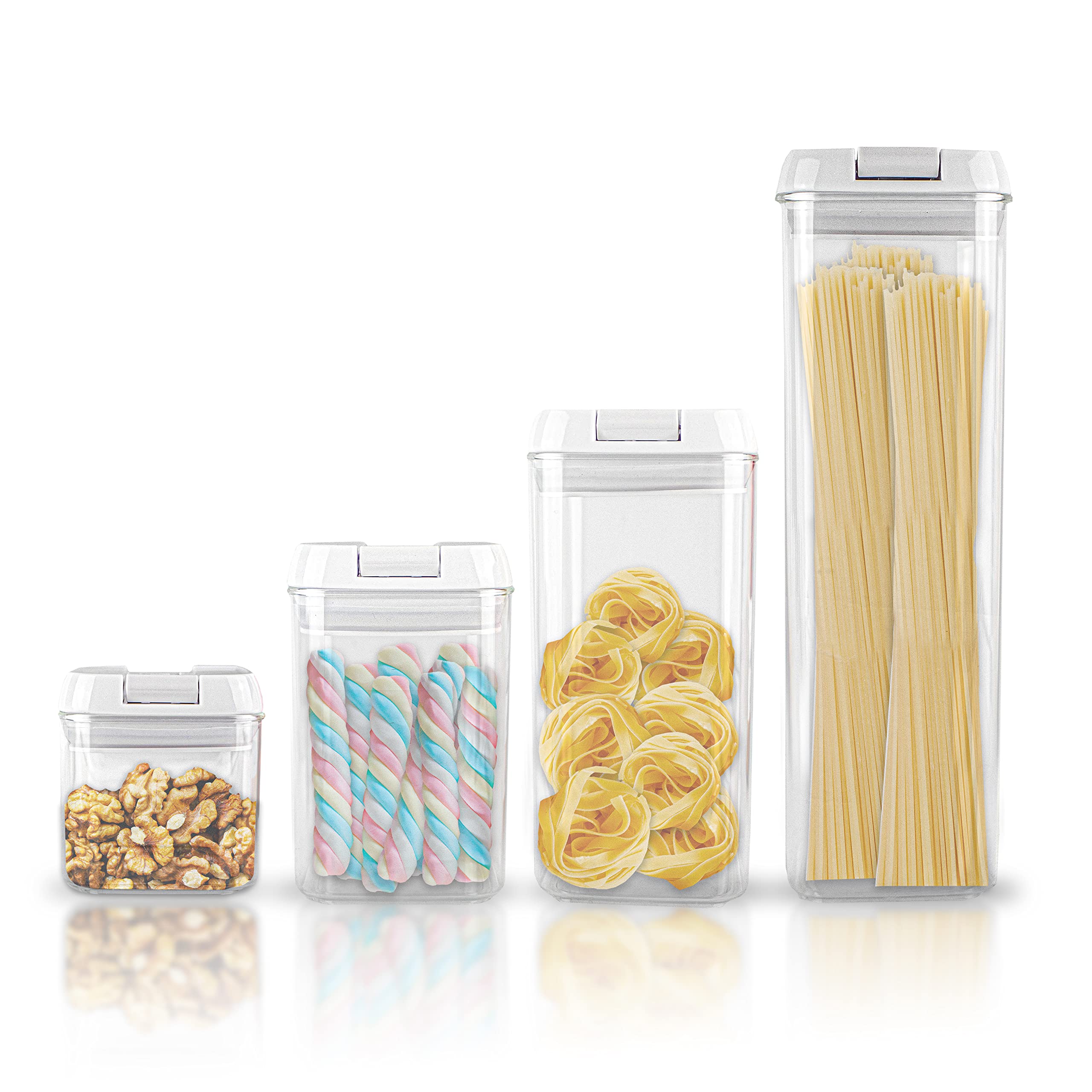 Lutema 7-Piece Airtight Clear Food Storage Container Set with White Easy-Lock Lids - BPA-Free Plastic Canisters for Kitchen Pantry Organization (Includes Labels) - Perfect for Dry Food, Flour, Sugar, Coffee & Meal Prep Storage