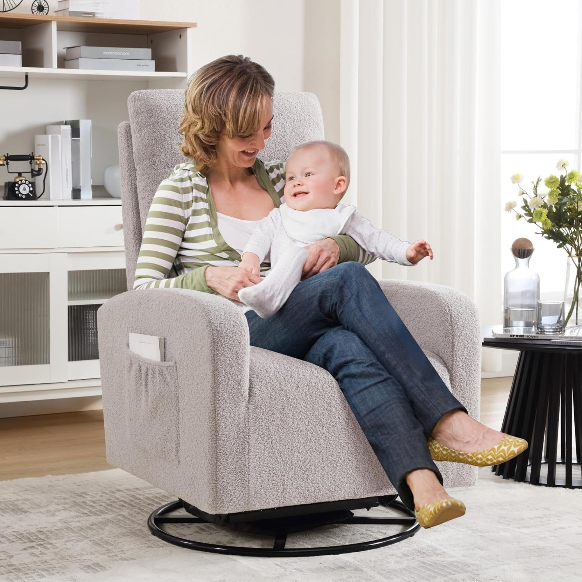 360° Swivel Glider Rocking Chair for Nursery - High Back Upholstered Nursing Chair with Side Pocket | Comfortable Rocker Recliner for Adults in Living Room, Bedroom & Reading Nook (Teddy Grey) - Perfect for Breastfeeding, Relaxing and Nursery Decor