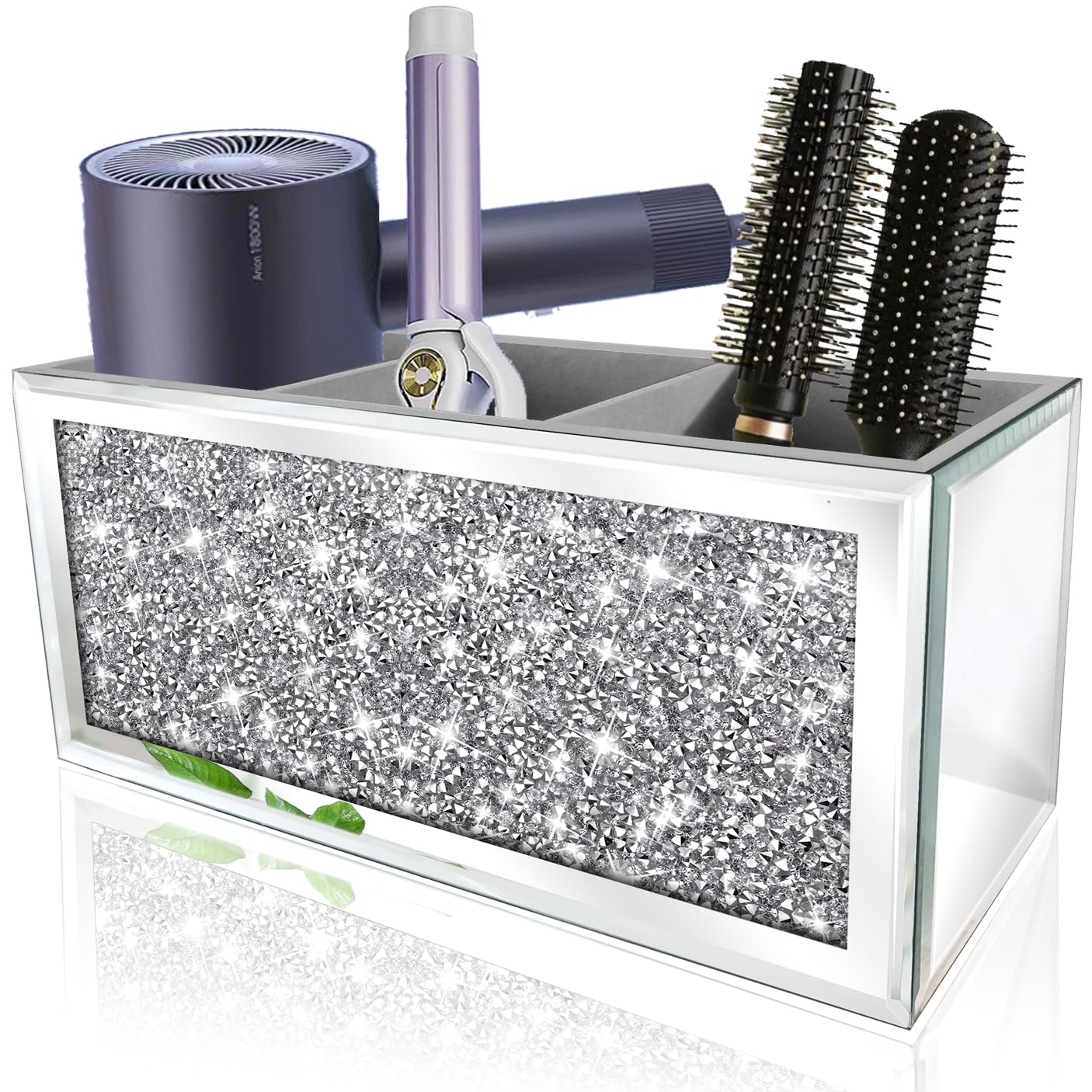 Crystal Crush Diamond Hair Dryer Holder - Wall Mount Organizer for Blow Dryer, Hair Straightener & Brushes - Silver Bathroom Cabinet Tray (10.5”x4”x5”) - Perfect for Salon, Spa & Home Vanity Organization