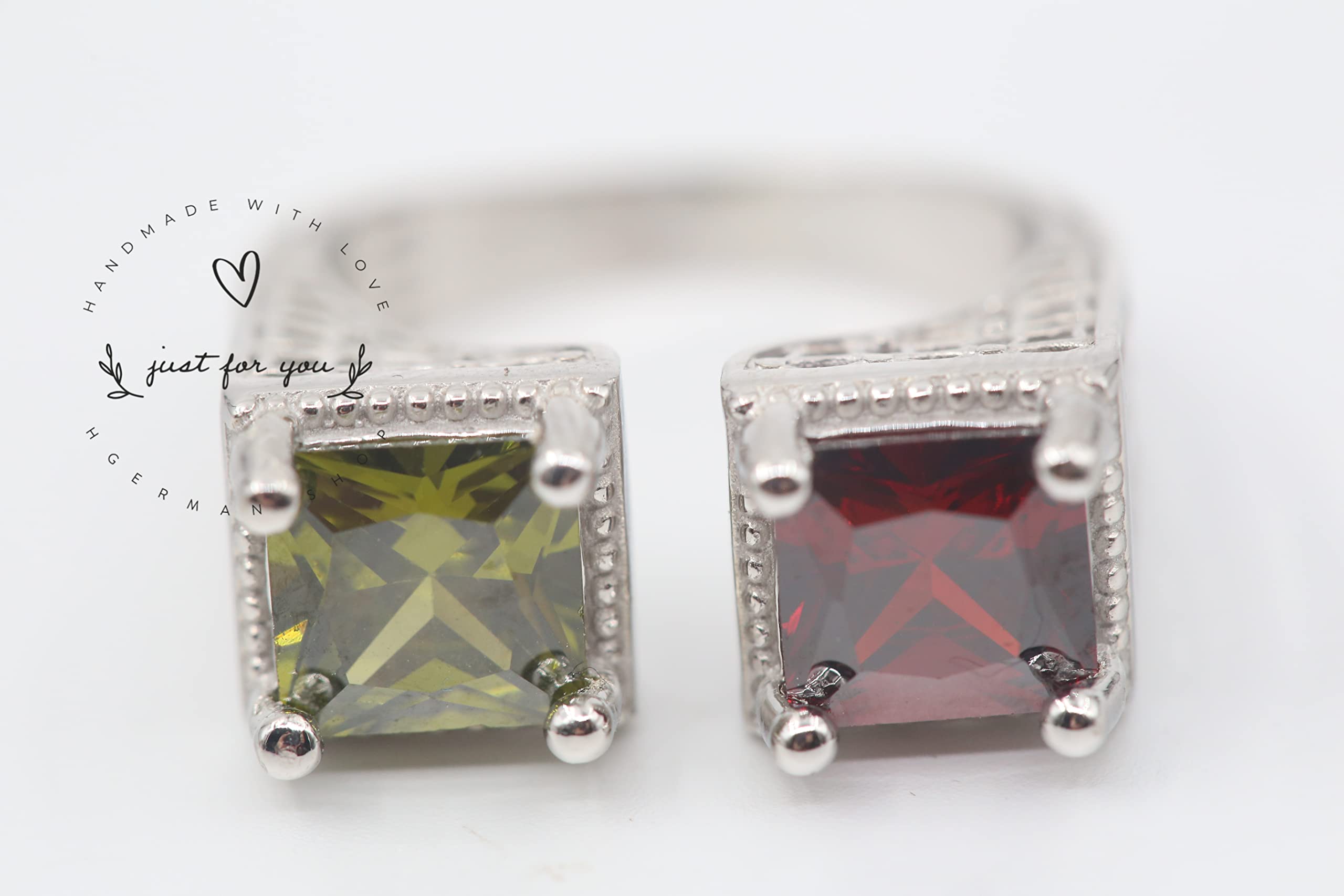 Exquisite Square Cut Ruby & Olive Green Sterling Silver Reversible Ring - Handmade Two-Sided Jewelry for Women | Unique 2 Stone Ring Gift for Her | Perfect for Date Nights, Anniversaries & Special Occasions