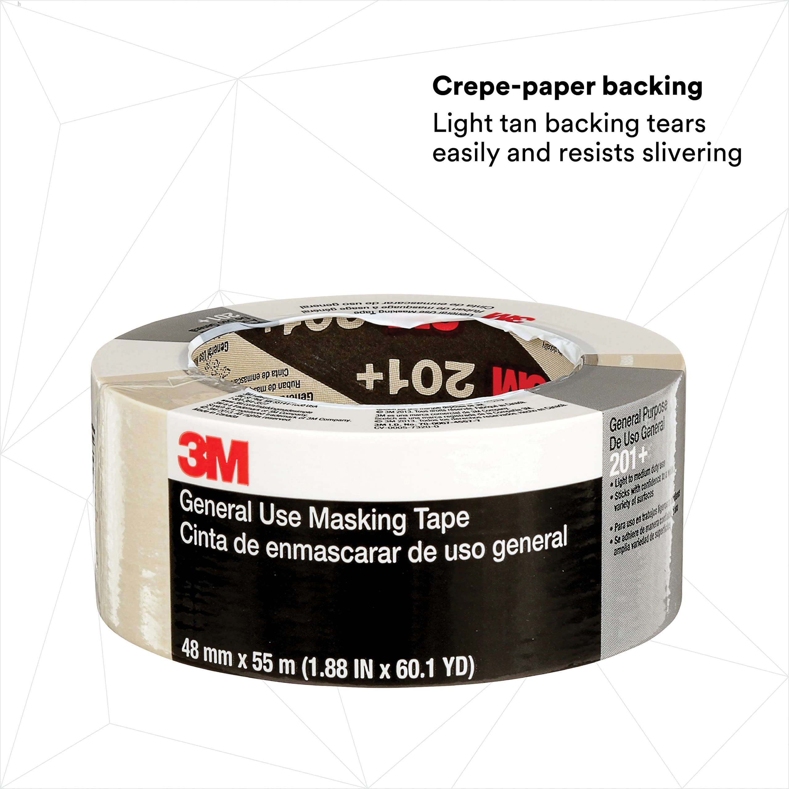 3M General Use Masking Tape 201+ - 48mm x 55m, Low Unwind, Clean Removal, Easy Tear, Resists Slivering - Tan Crepe Paper Tape (24 Rolls/Case, Individually Wrapped) - Perfect for Painting, Crafting, Home Improvement & DIY Projects