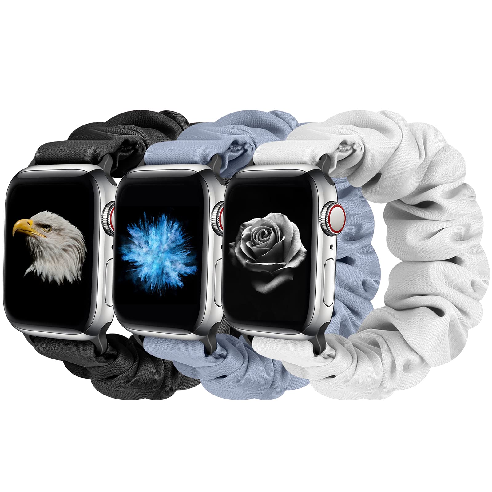 3 Pack Apple Watch Bands for Women - Soft Fabric Scrunchies Wristbands Compatible with iWatch Ultra 2/Series 10/9/8/7/6/5/4/3/2/1/SE (38mm-49mm) - Stylish Printed Patterns for Workout, Office & Everyday Wear