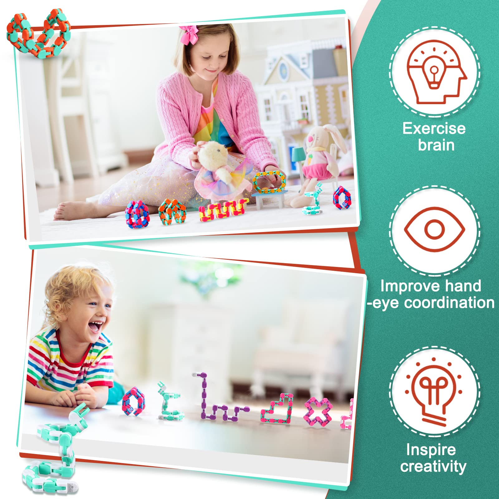 Yunsailing 80-Pack Wacky Tracks Snap & Fidget Sensory Snake Puzzle Toys - Stress Relief for Kids & Adults - Multi-Color (24 Links) - Perfect for Classroom, Party, Travel & Home Use