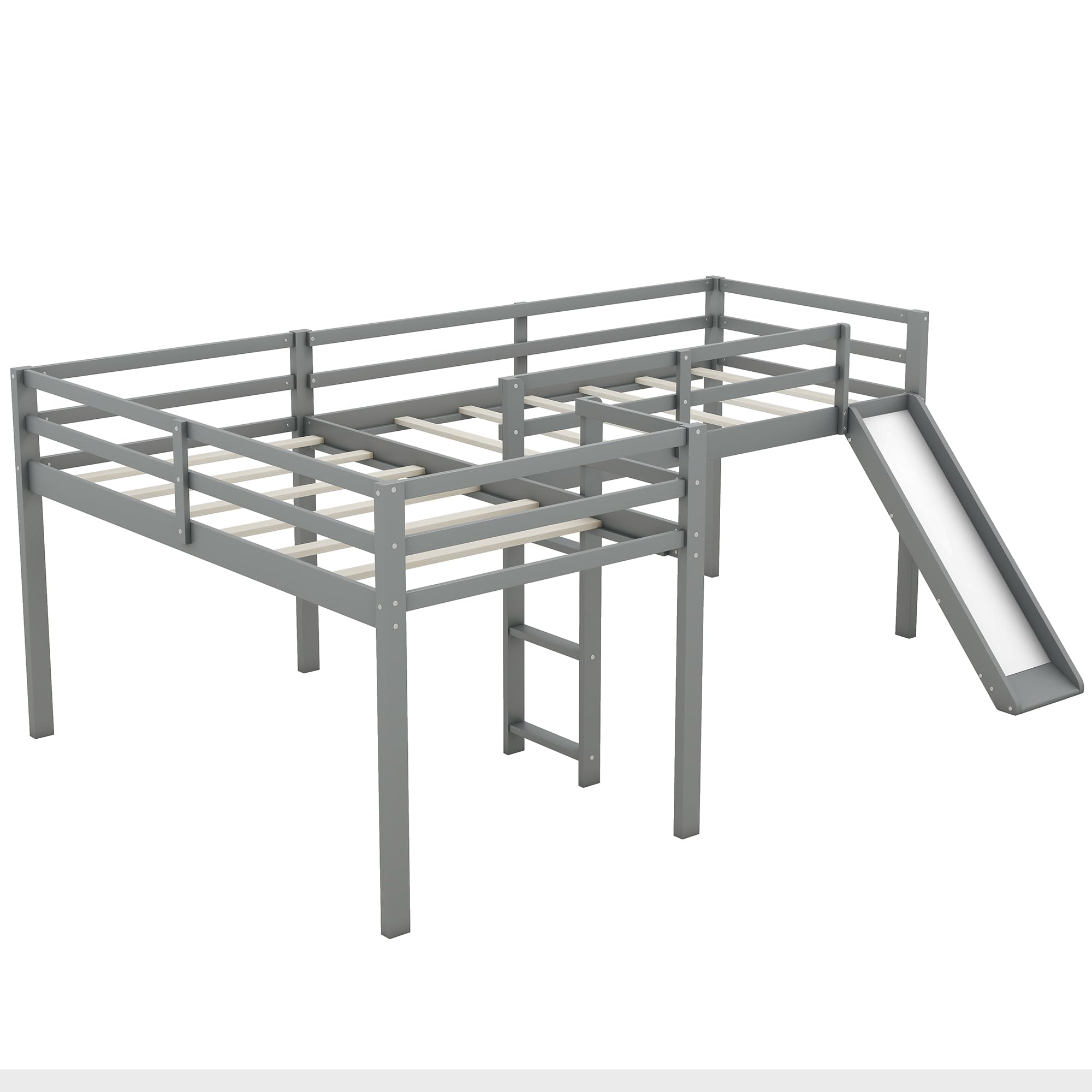 Modern Twin Loft Bed with Slide & Safety Rails - Space-Saving Wooden Loft Bed Frame with Dual Ladders - Perfect for Kids' Bedrooms, Dorms & Small Spaces (Gray)