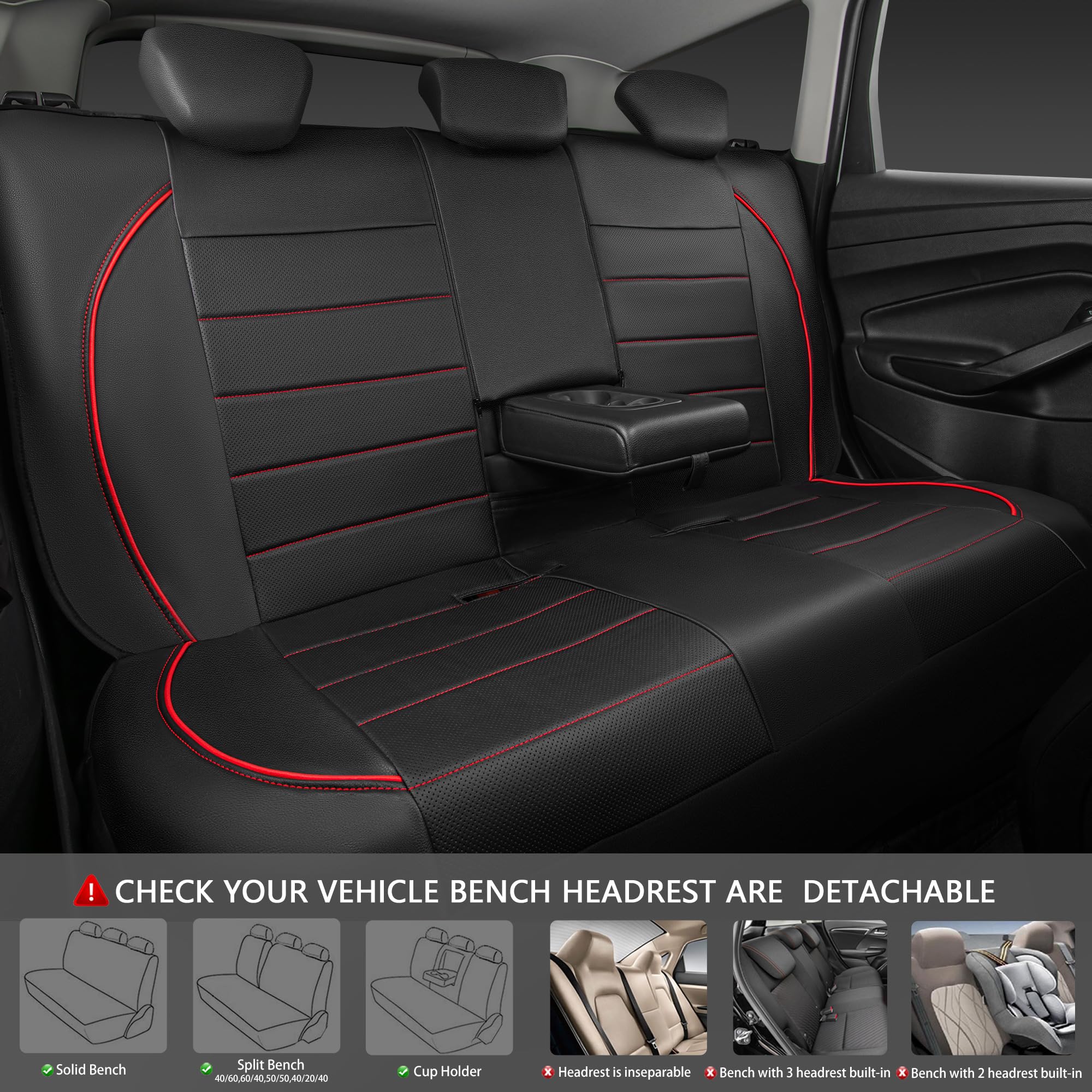 Universal Fit Leather Car Seat Covers - CAR PASS Piping Design for SUVs, Vans & Trucks | Airbag Compatible with Inside Zipper & Reserved Holes | Full Set Black & Red | Perfect for Road Trips & Daily Commute