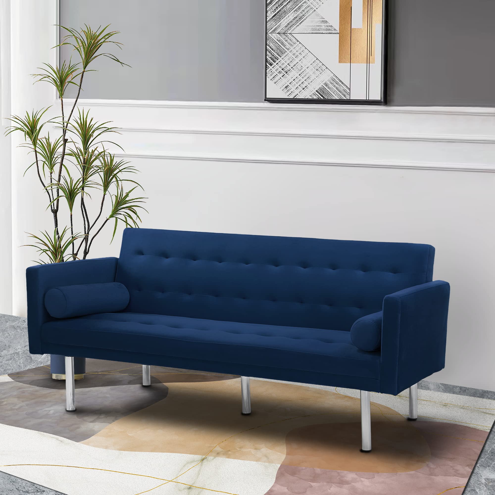 Majnesvon Convertible Sleeper Sofa Bed - Velvet Fabric Modern Futon with Metal Legs for Small Spaces, Apartments, Dorms (Navy Blue) | Perfect for Guest Rooms, Studio Living & Compact Homes