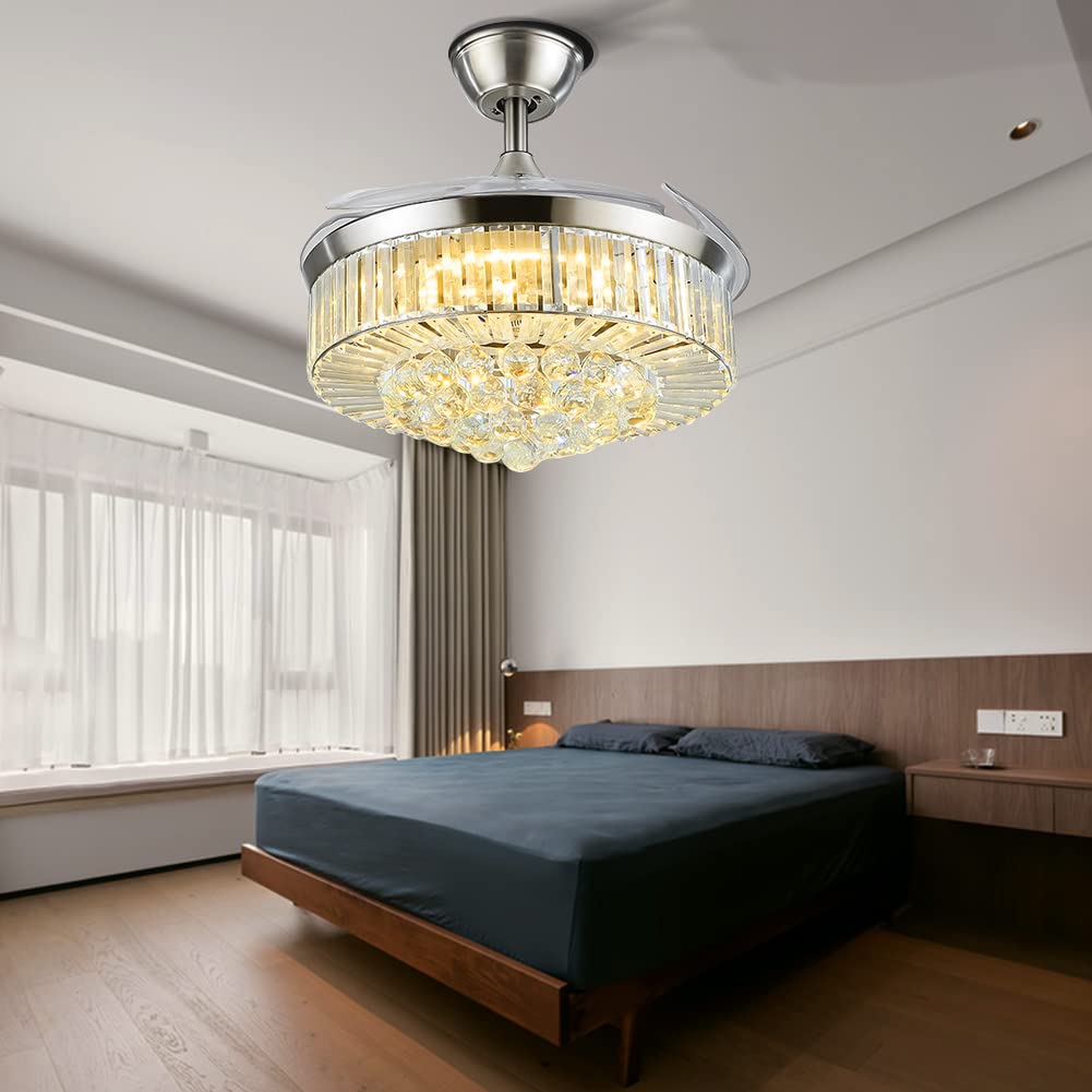 42 Inch Crystal Ceiling Fan with LED Light - Remote Control, Retractable Blades, 3 Speed Settings - Modern Silver Chandelier Fan for Living Room, Bedroom & Dining Room Decoration