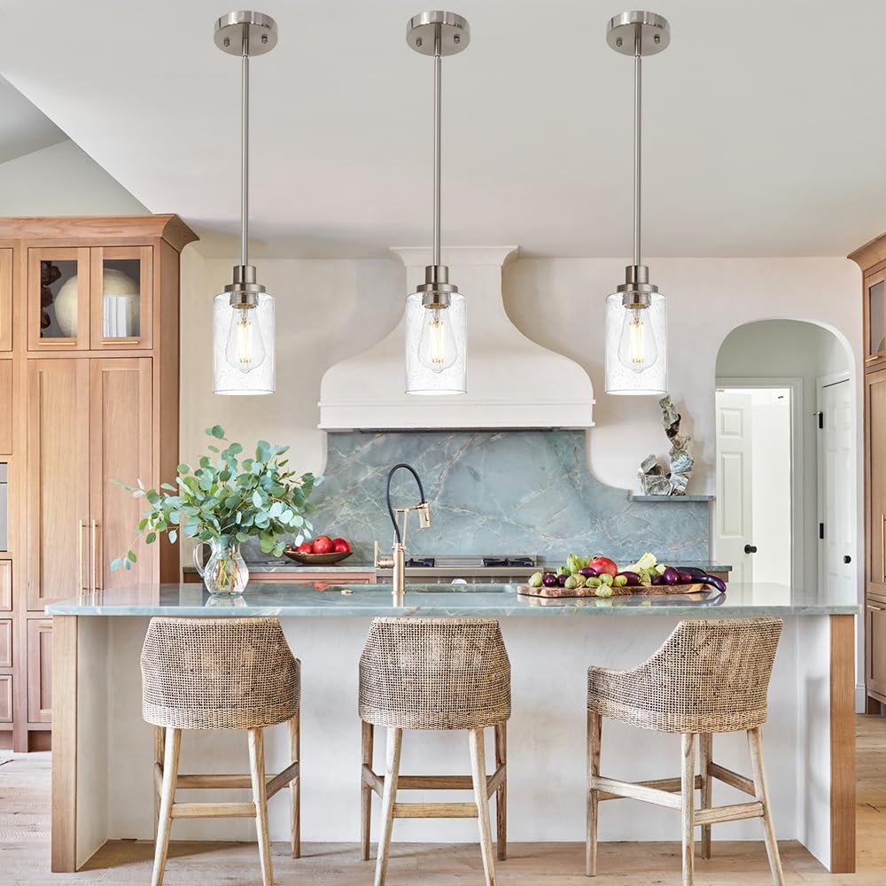 Modern Brushed Nickel Pendant Light Fixture - Adjustable 1-Light Hanging Lighting for Kitchen Island, Dining Table, Hallway, Bedroom, Office & Bar | Farmhouse & Contemporary Home Decor