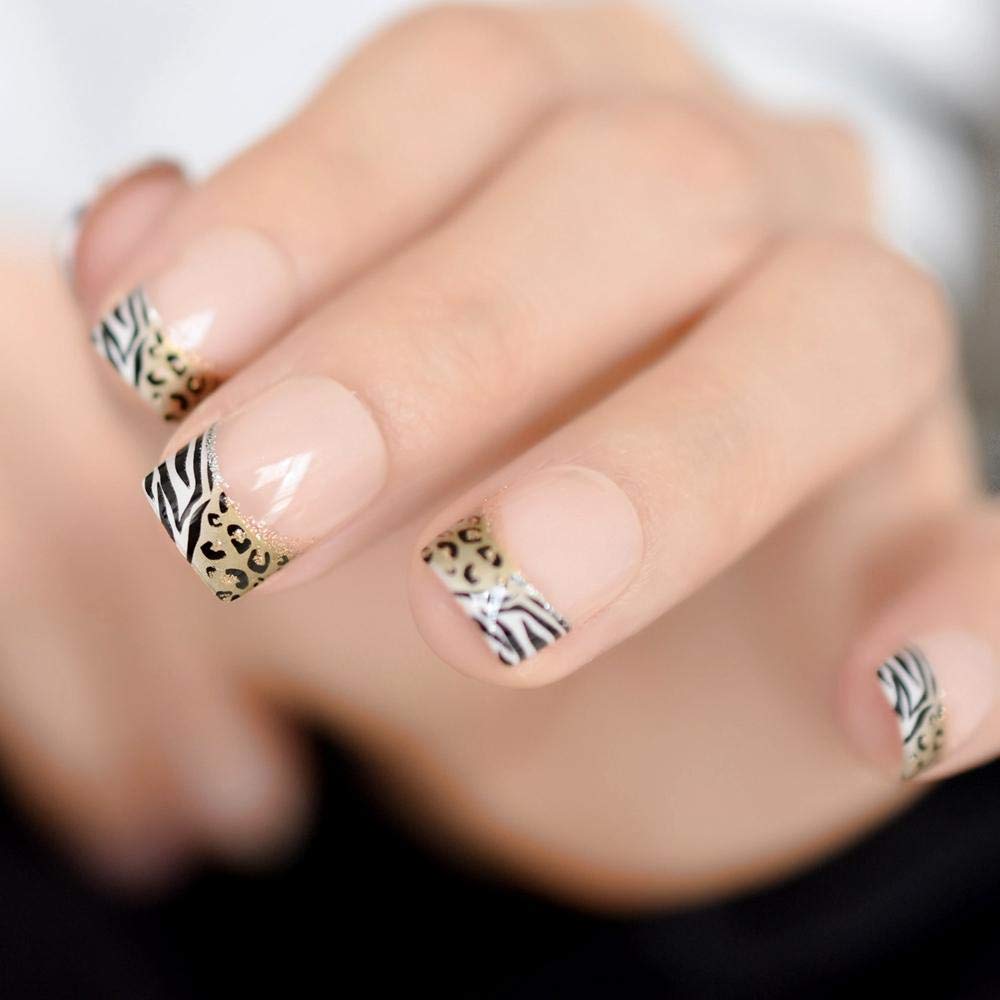 HUJL False Nails - 24pcs French Natural Fake Nails with Adhesive Guide, Classic Leopard & Zebra Pattern Nail Art - Perfect for Parties, Weddings & Daily Wear