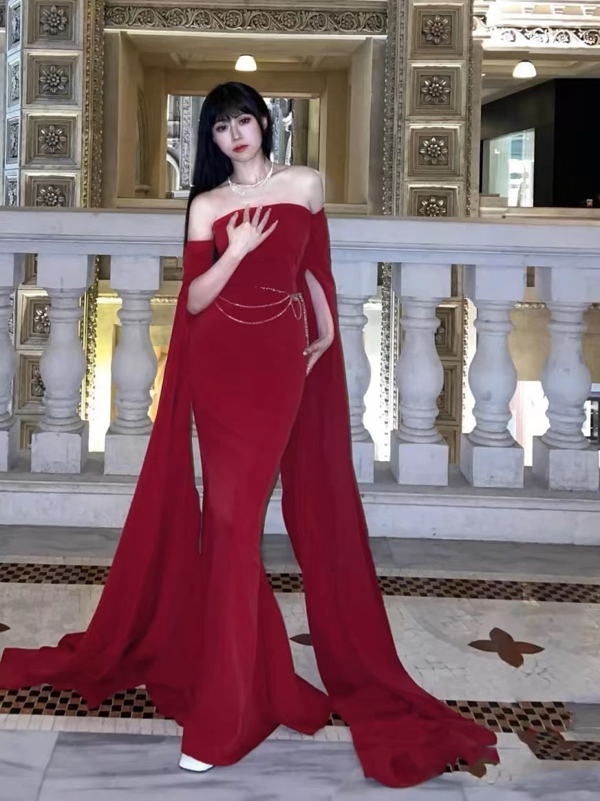 Elegant Off-The-Shoulder Red Long Prom Dress for Women - Formal Evening Gown for Birthday Party, Homecoming, Quinceañera & Special Occasions | Style J3367