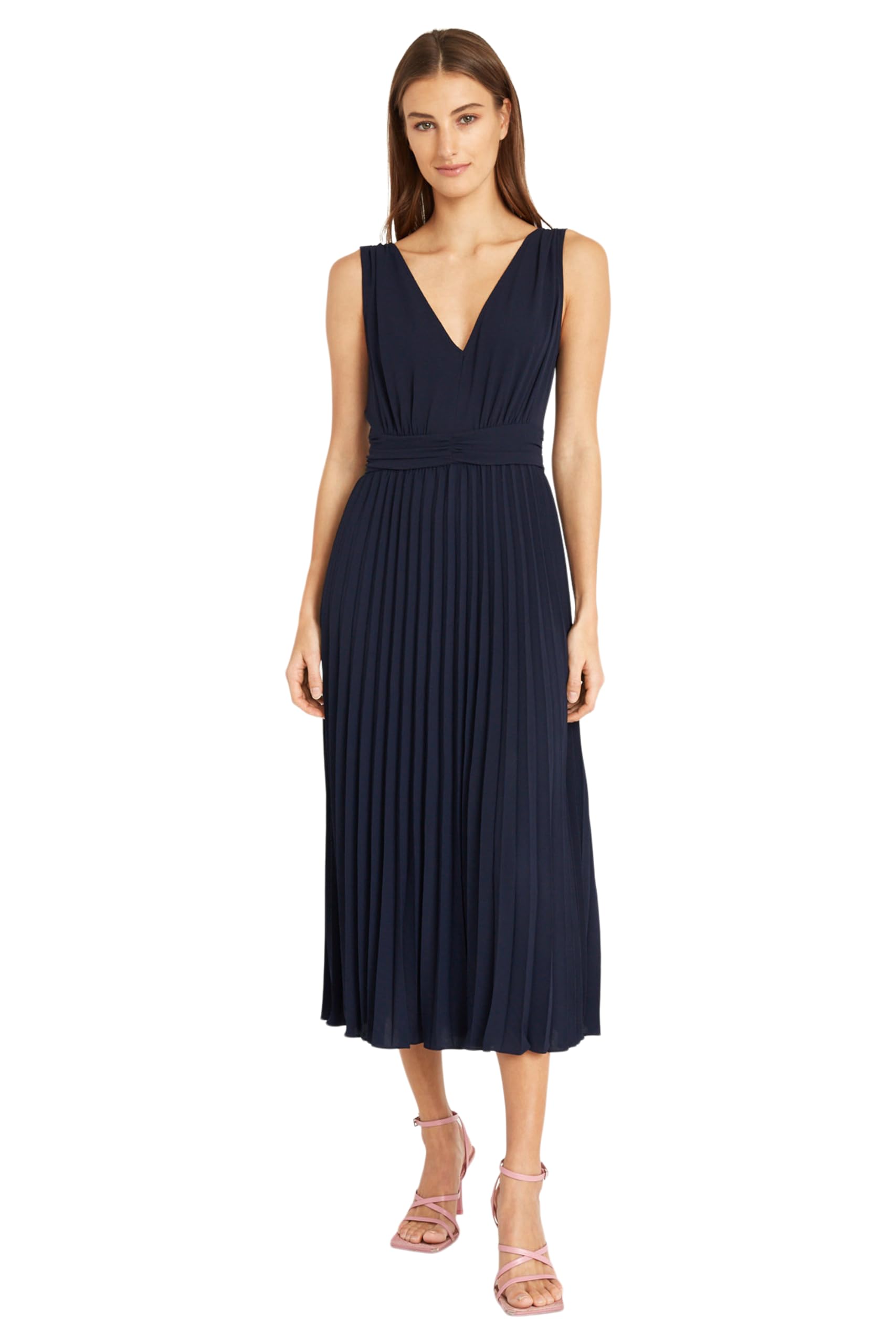 Donna Morgan Elegant V-Neck Sleeveless Pleated Midi Dress for Women | Wedding Guest Dress, Cocktail Party, Formal Occasion, Special Events | Flowy A-Line Summer Dress with Pockets