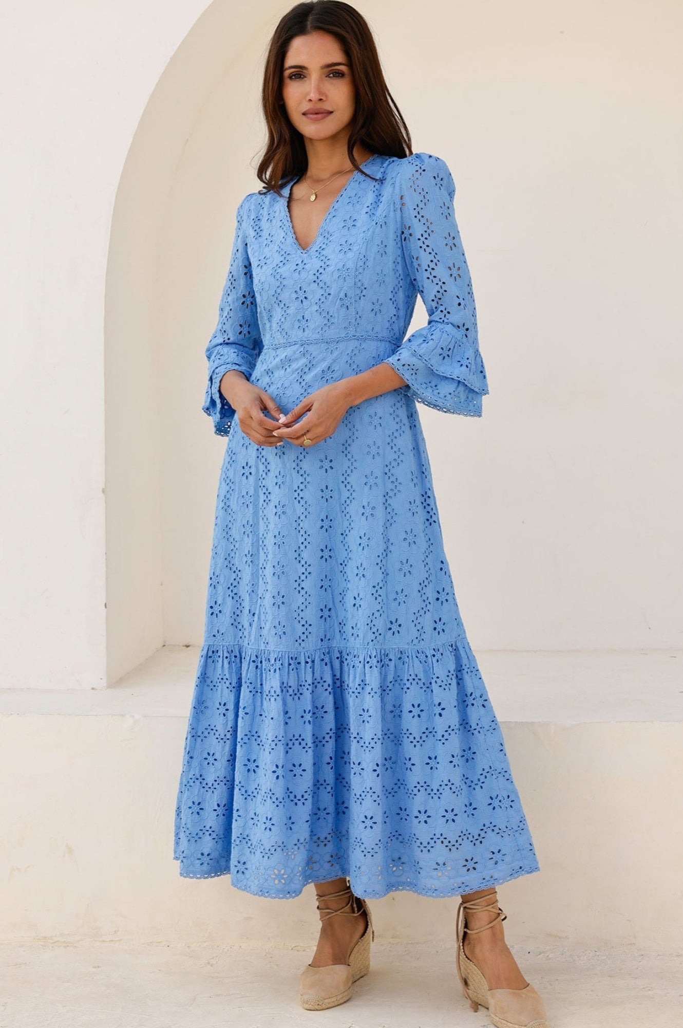 Victoria Broderie Floral Embroidered Summer Dress for Women - Blue Flowy Maxi Dress | Beach Wedding, Vacation & Party Wear