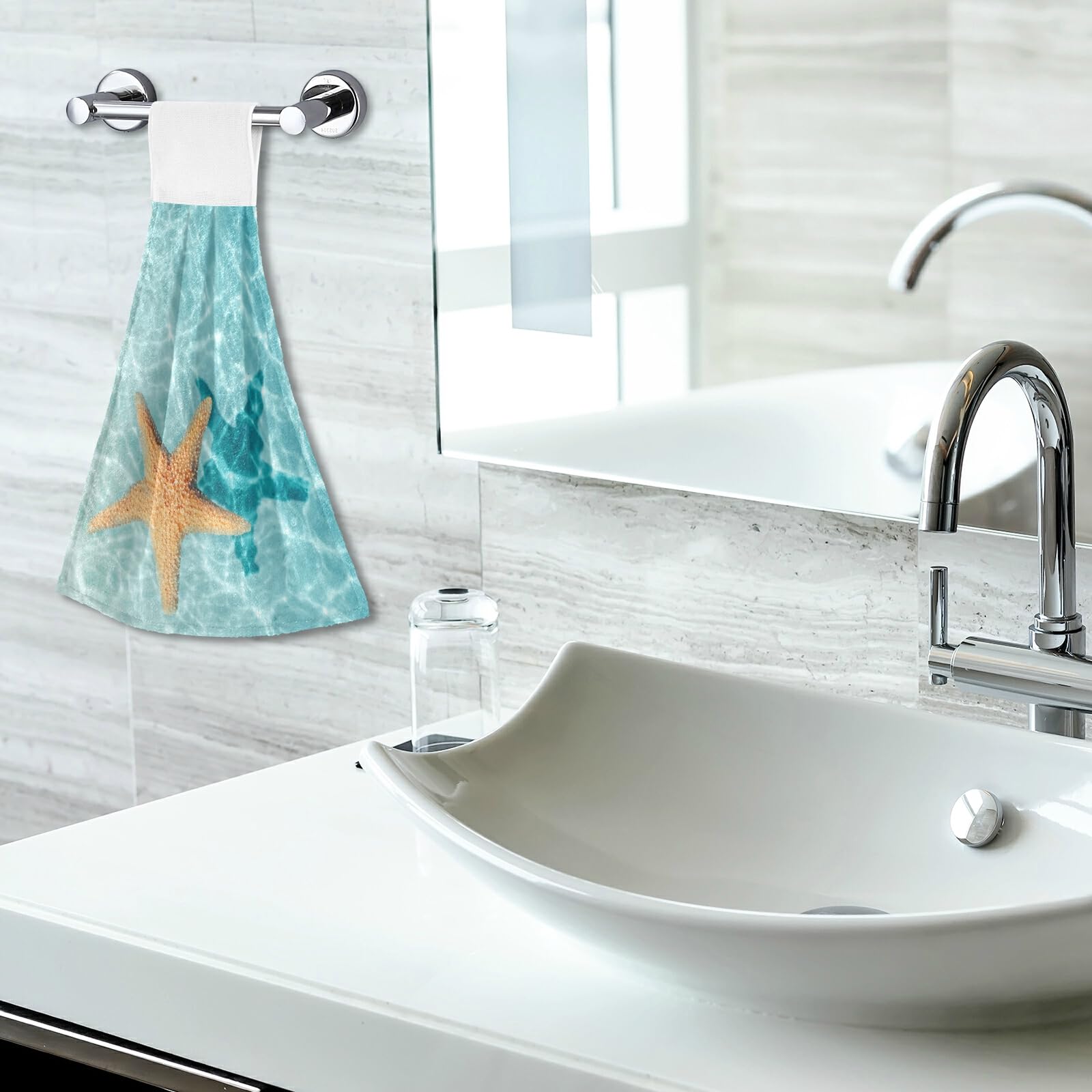 2 Pack Summer Starfish Hand Towels - Super Absorbent Kitchen & Bathroom Dish Towels with Hanging Loops for Ocean-Themed Decor | Perfect for Beach Houses, Coastal Homes & Seaside Kitchens