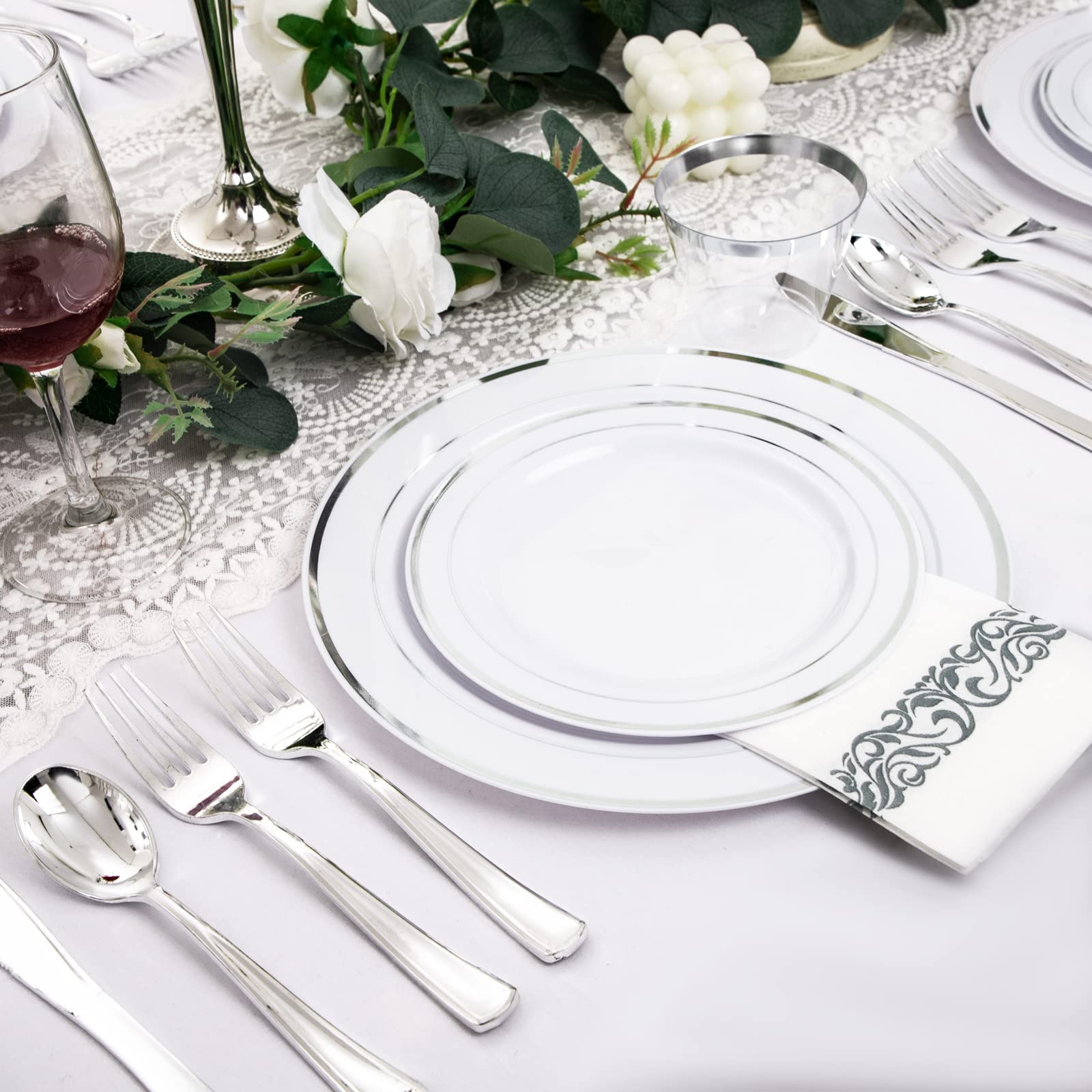 350PCS Silver Plastic Dinnerware Set for 50 Guests - Disposable Silver Plates, Forks, Knives, Spoons, Cups & Napkins for Party, Wedding, Christmas & Events | Elegant & Convenient Tableware Solution