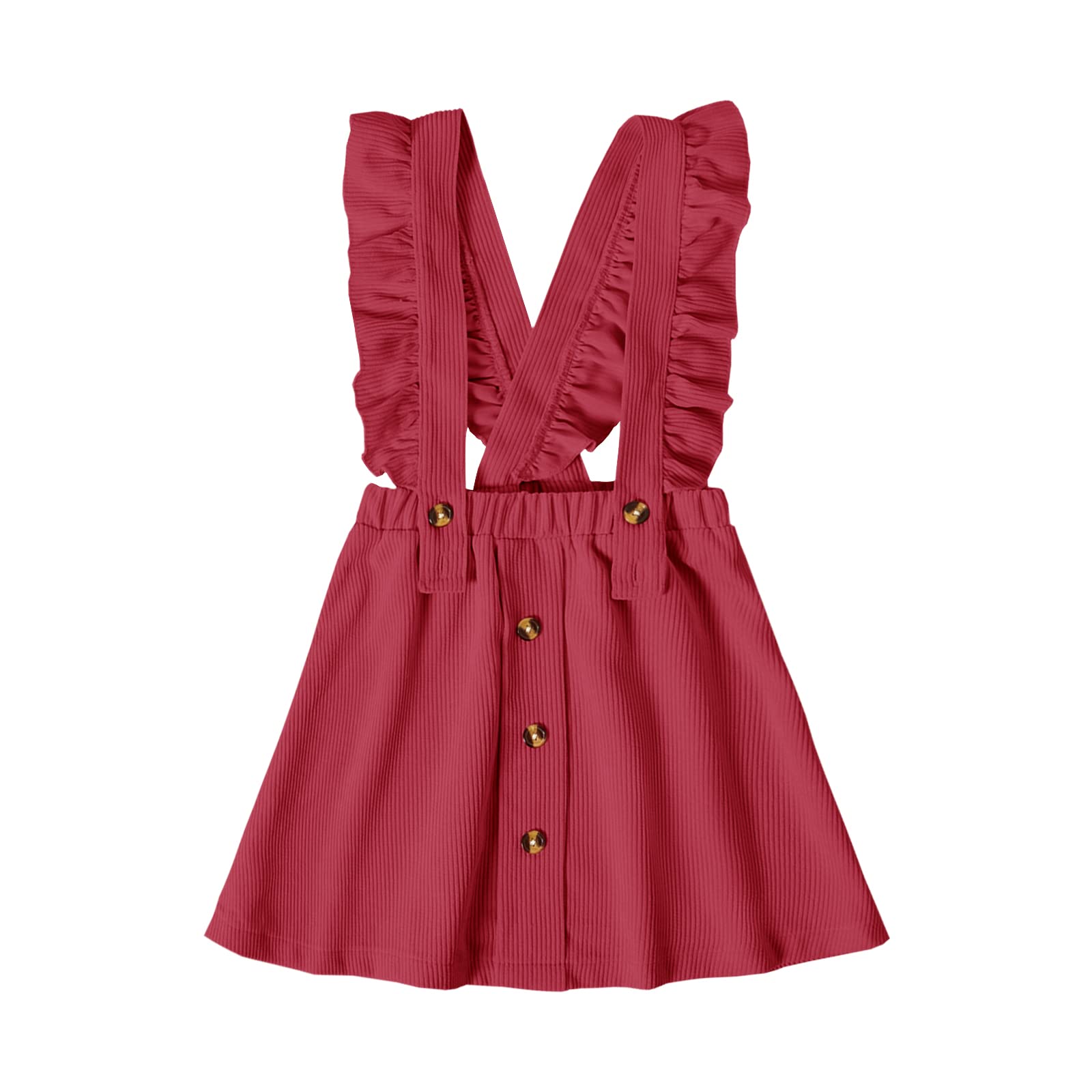 Girls' Button Front Ruffle Dress with Criss Cross Back & Elastic Waist - Cute Suspender Skirt for School, Parties & Special Occasions