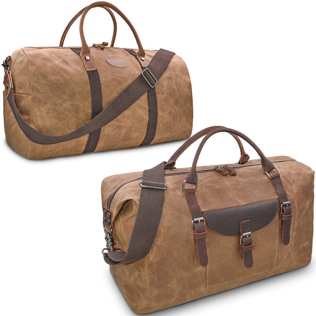 Large Waterproof Canvas & Genuine Leather Travel Duffel Bag - Weekender Overnight Carry-On Handbag for Men & Women (Brown) - Perfect for Gym, Weekend Trips & Airplane Carry-On Luggage