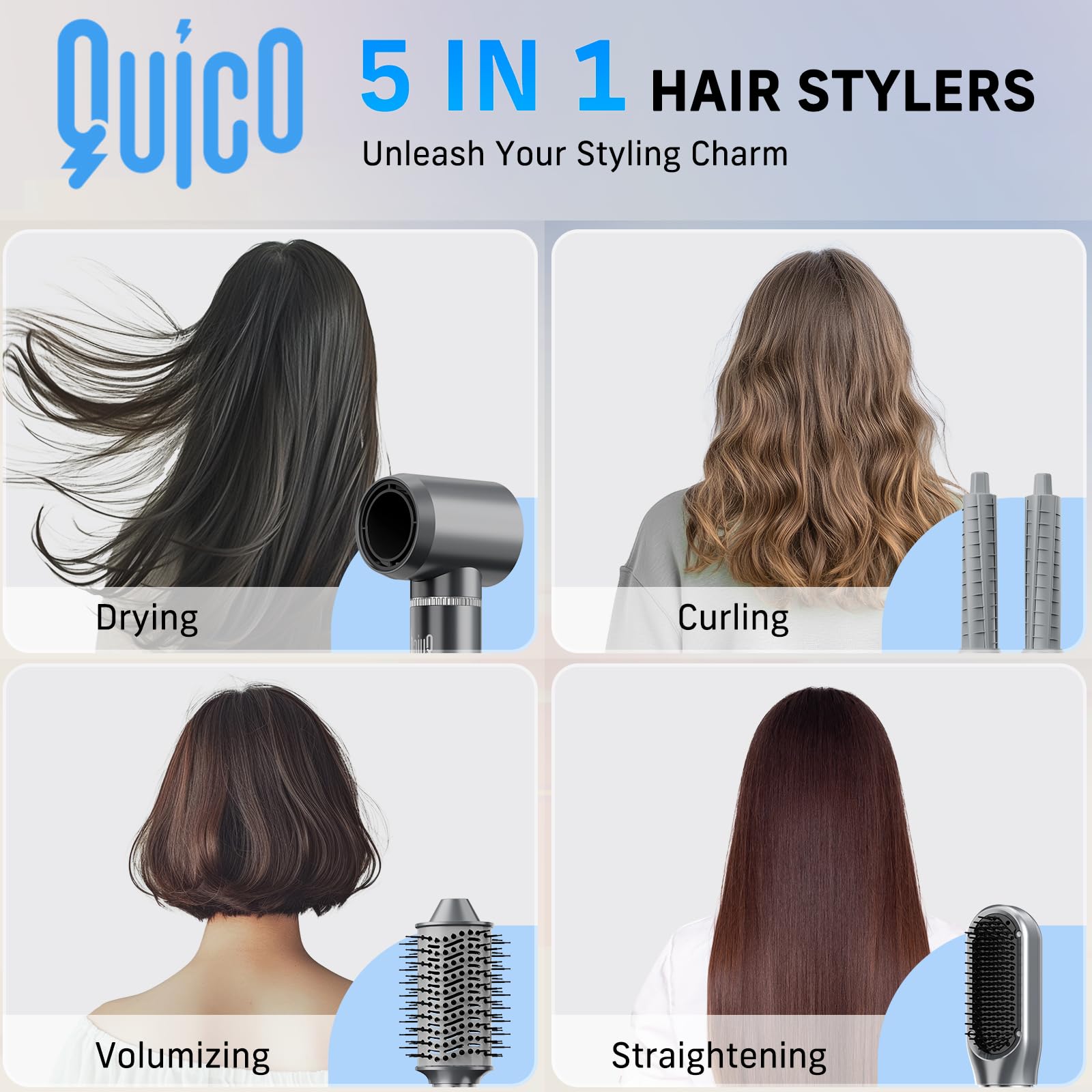 QUICO 5-in-1 Hair Dryer Brush & Styler - 110,000 RPM Fast Drying, 500M Negative Ions for Volumizing, Blow Dryer & Straightener Combo for Women - Salon Quality Styling at Home for Smooth, Shiny Hair with No Heat Damage - Perfect for Daily Styling, Salon-Look at Home, and Travel Use