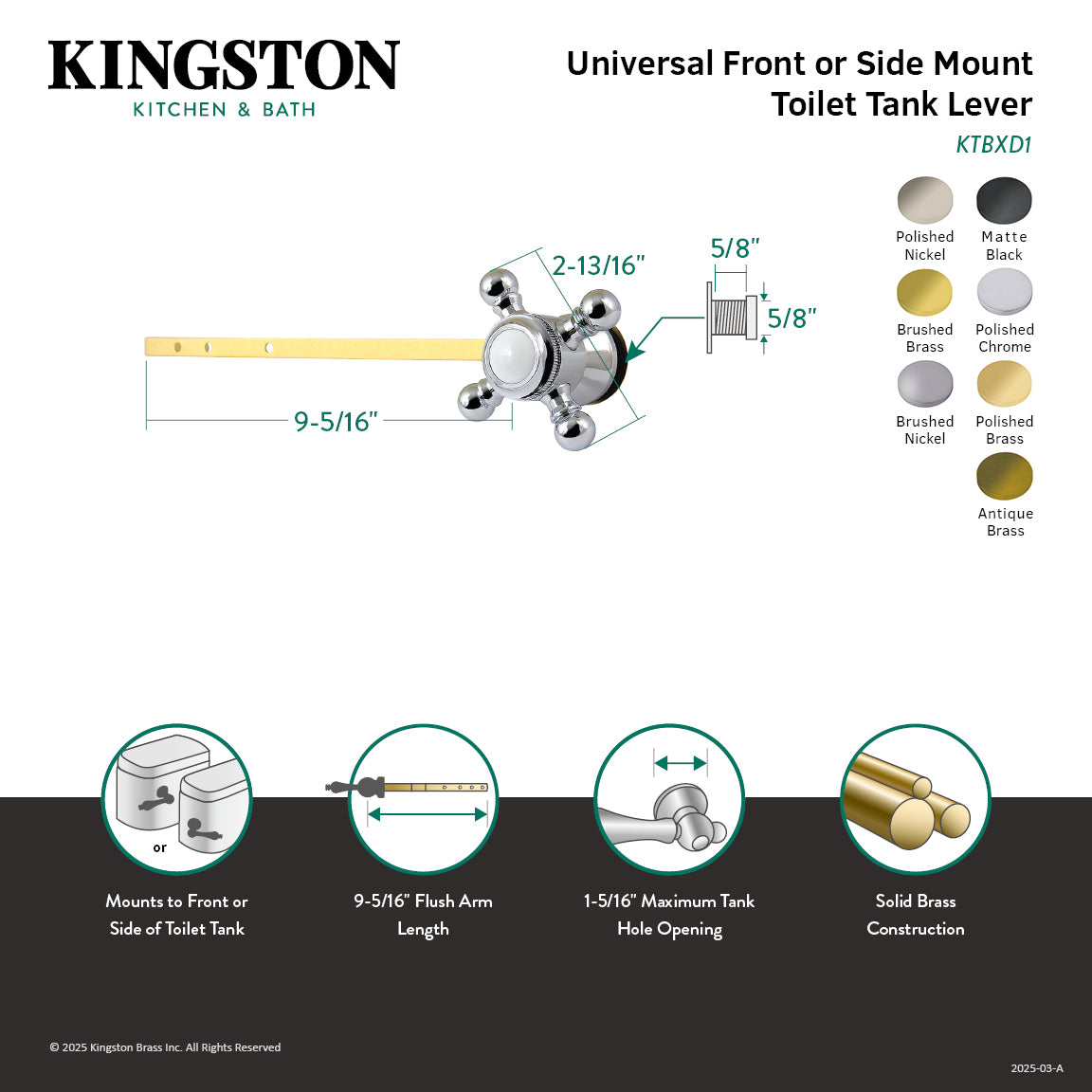 Buckingham KTBXD6 Universal Front/Side Mount Toilet Tank Lever - Polished Nickel Finish for Easy Flush Control | Ideal for Bathroom Renovation & Toilet Repair