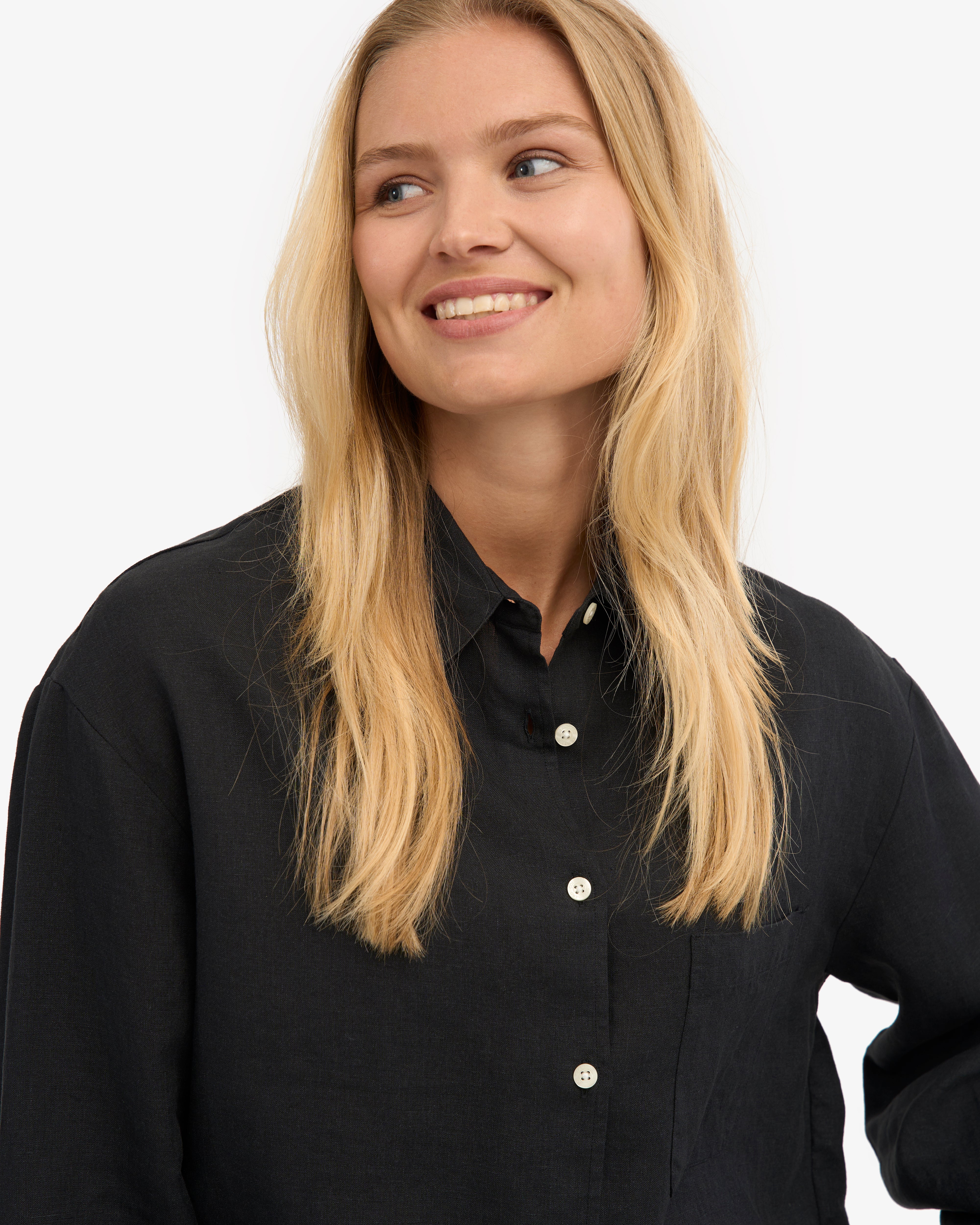 Linen Oversized Shirt for Women - Deep Black - Casual Loose Fit Long Sleeve Button Down Top for Everyday Wear, Office, and Travel