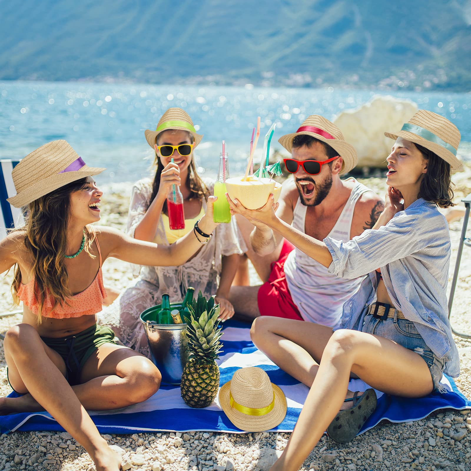 Newcotte Bulk Party Hats - Straw Hats & Fedora Hats with Sunglasses - Hawaiian & Havana Cuban Style - Perfect for Birthday Parties, Luaus & Summer Events