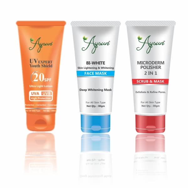 Aysun UV Expert Youth Shield SPF 20 Ultra Light Face Lotion & BI-White Brightening Mask + 2-in-1 Microdermabrasion Scrub & Mask Set - Daily Skincare Routine for Anti-Aging & Sun Protection