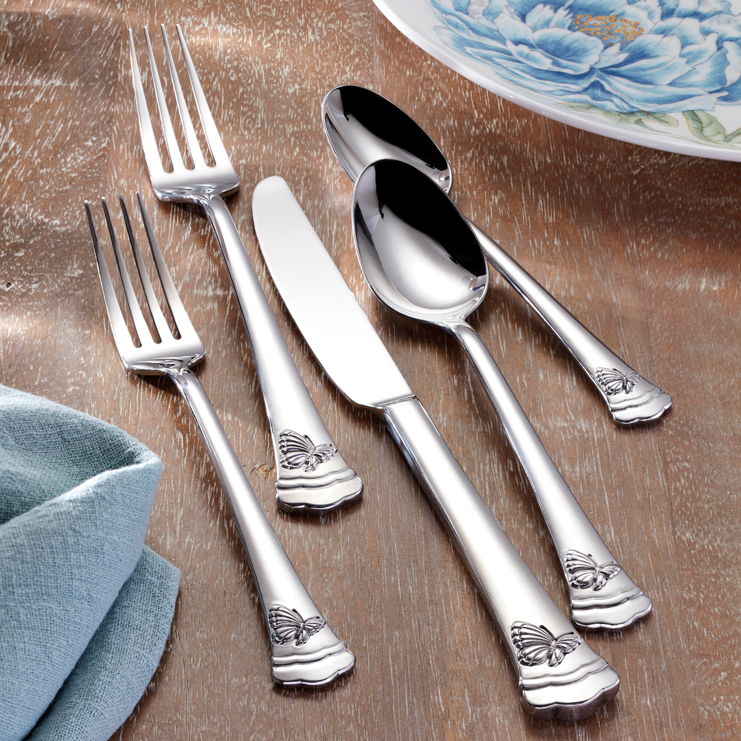 Butterfly Meadow II Mirror 65-Piece Flatware Set - Elegant Stainless Steel Silverware for Dining, Wedding & Home Decor