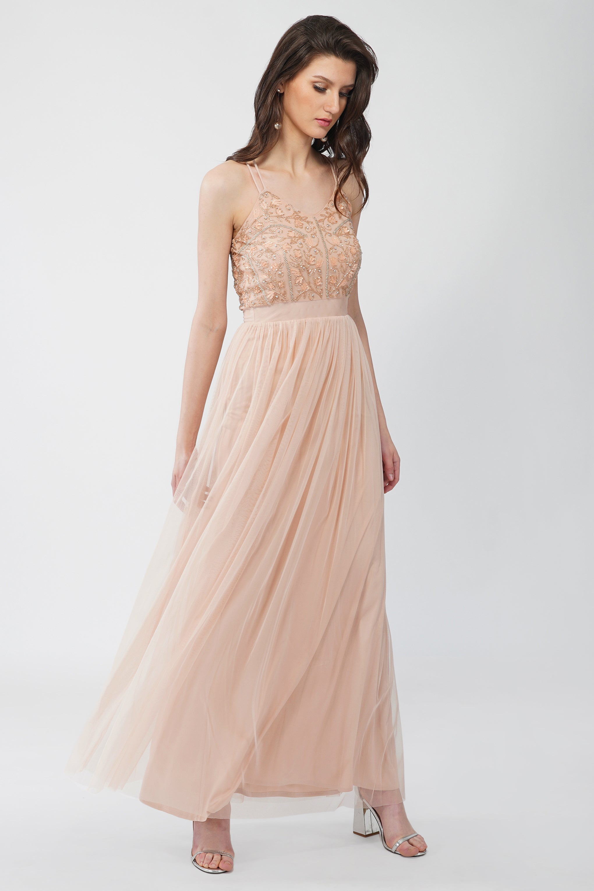 Elegant Ursa Blush Pink Embellished Maxi Dress for Women - Perfect for Weddings, Parties & Special Occasions