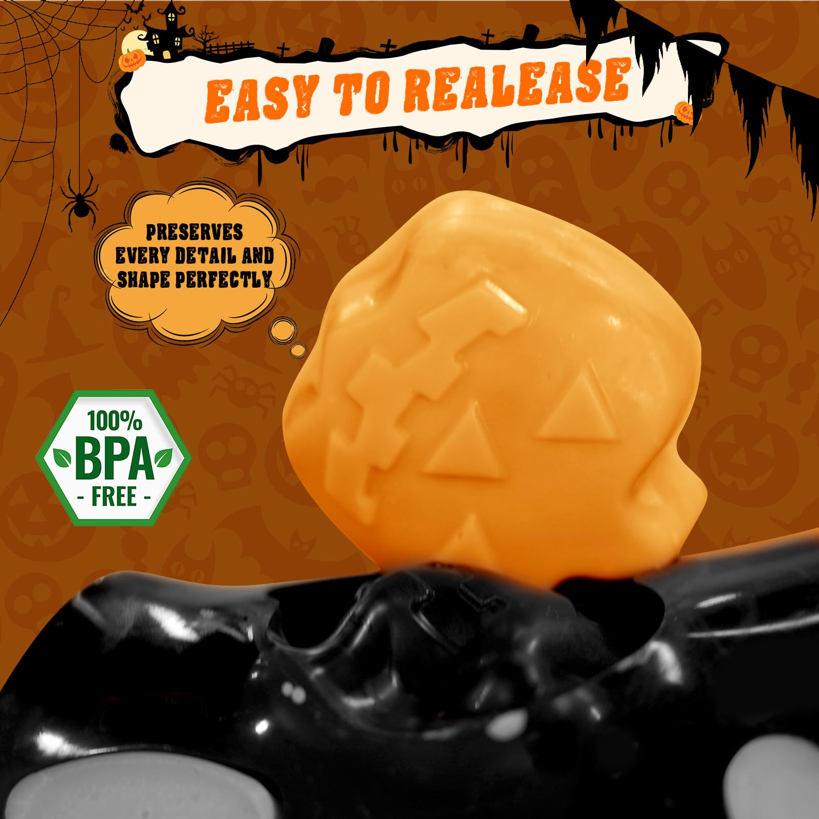 Halloween Silicone Molds Set - 19 Spooky Shapes (Pumpkin, Skull, Ghost, Bat) for Baking, Soap & Candle Making - 4-Pack 3D Oven-Safe Molds - Perfect for Cupcakes, Ice Cubes & DIY Halloween Decorations