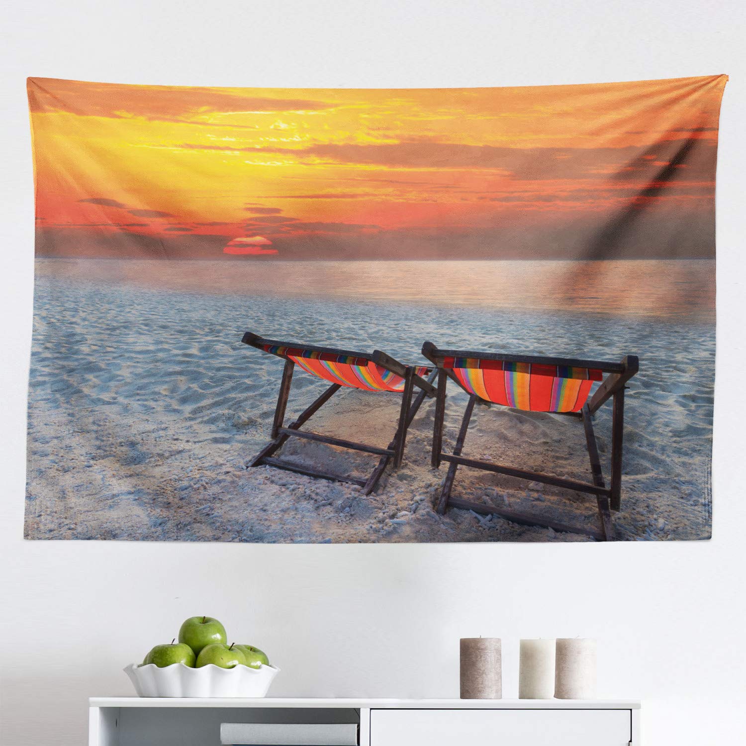 Ambesonne Coastal Tapestry - Vibrant Sunset Beach Scene with Couples Chairs Wall Art, 45x30 Inch Orange Red Grey Fabric Wall Hanging for Bedroom, Living Room & Dorm Decor | Perfect for Boho Home, Beach House & Vacation Rental Themes