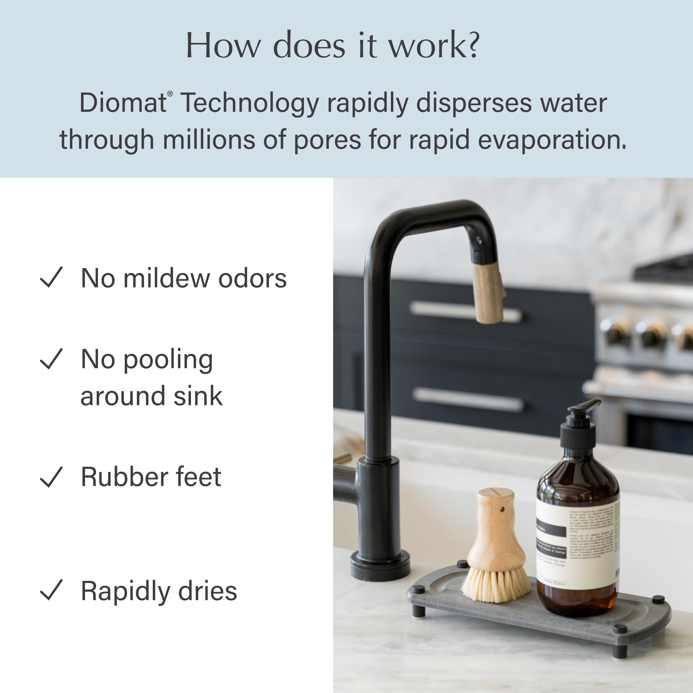 Dorai Home Sink Caddy – Water-Absorbing Natural Stone Tray for Kitchen Sink Organizer with Stainless Steel Feet | Fast-Drying Slate Soap Dish | Perfect for Bathroom, Kitchen & RV Sink Organization
