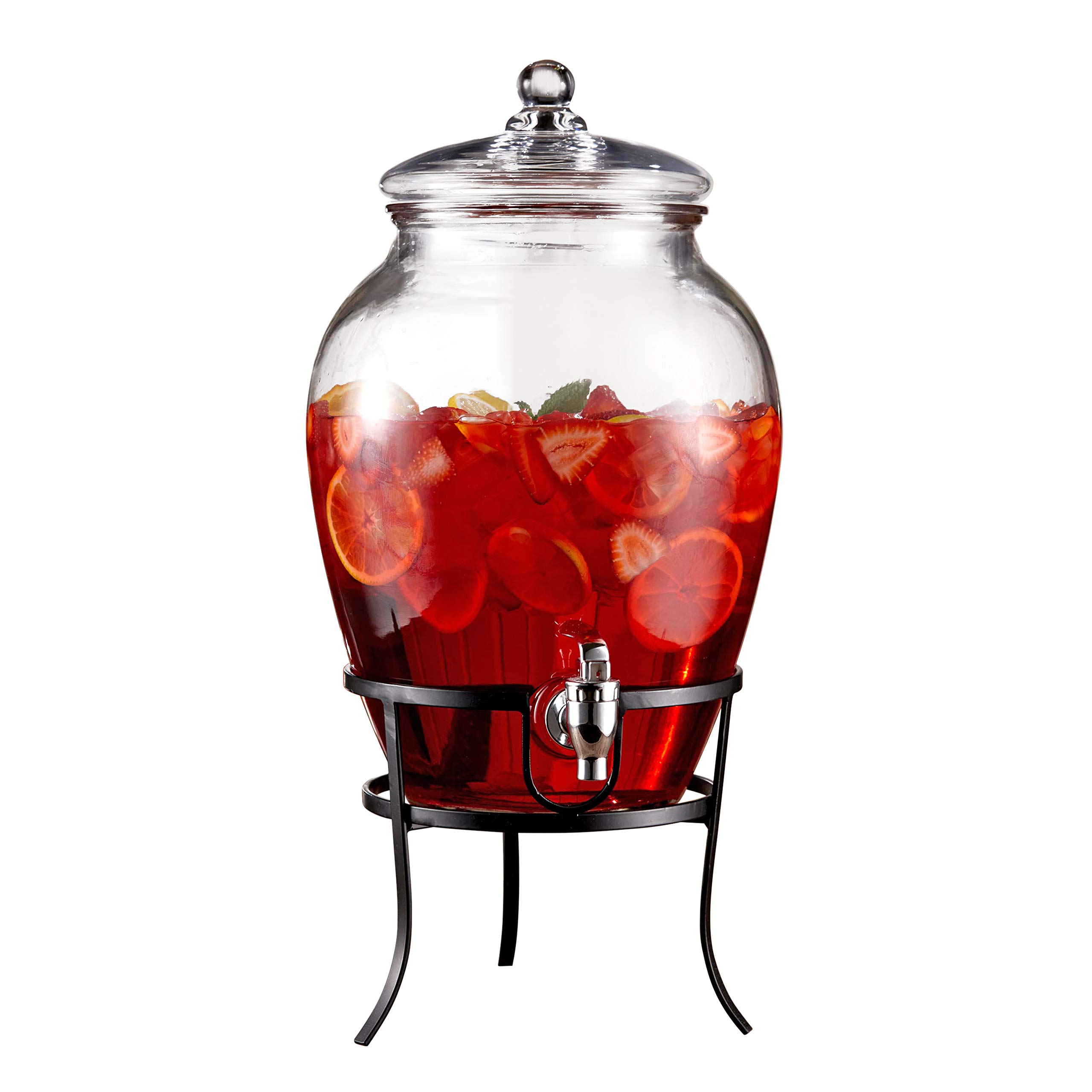 Premium Glass Beverage Dispenser with Metal Stand & Leak-Proof Acrylic Spigot - 2.5 Gallon Cold Drink Dispenser for Parties, Weddings, BBQs, and Outdoor Events - Perfect for Lemonade, Iced Tea, Sangria, and Punch - Elegant Style Setter for Home Entertaining
