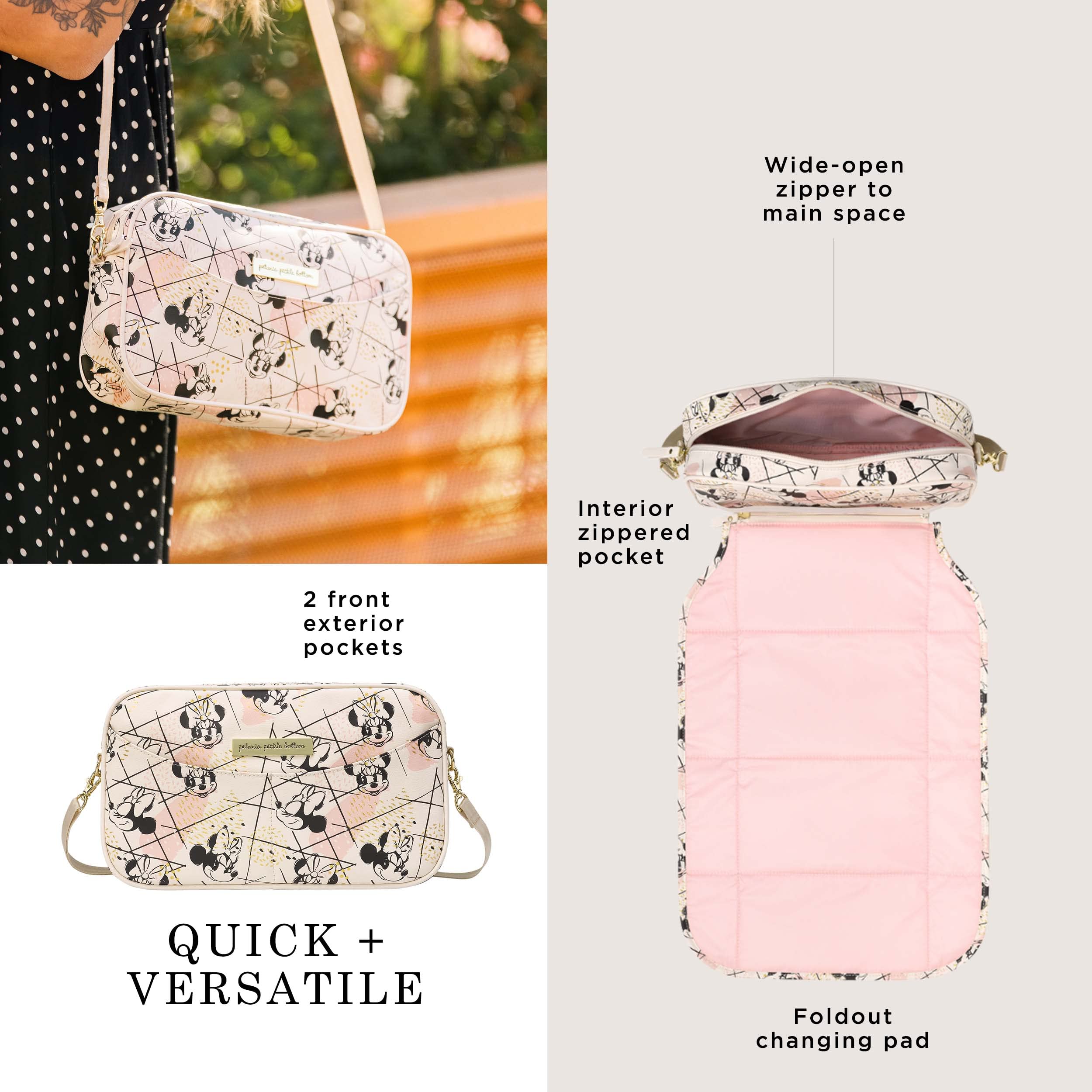 Petunia Pickle Bottom Companion Diaper Clutch with Fold-Out Changing Pad | Compact Baby Essentials Organizer for Travel | Lightweight & Washable | Shimmery Minnie Mouse Design | Perfect for Daycare, Park Outings & Quick Diaper Changes