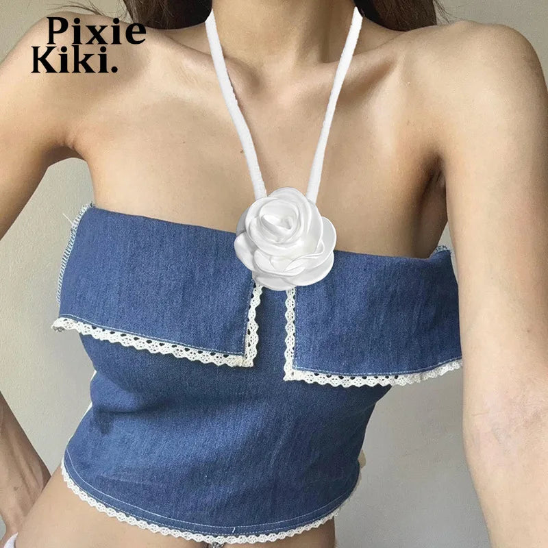 3D Flower Applique Halterneck Backless Camisole Top for Women - Blue Denim Patchwork Y2K Fashion Going Out Tops | Perfect for Parties, Date Nights & Summer Outfits