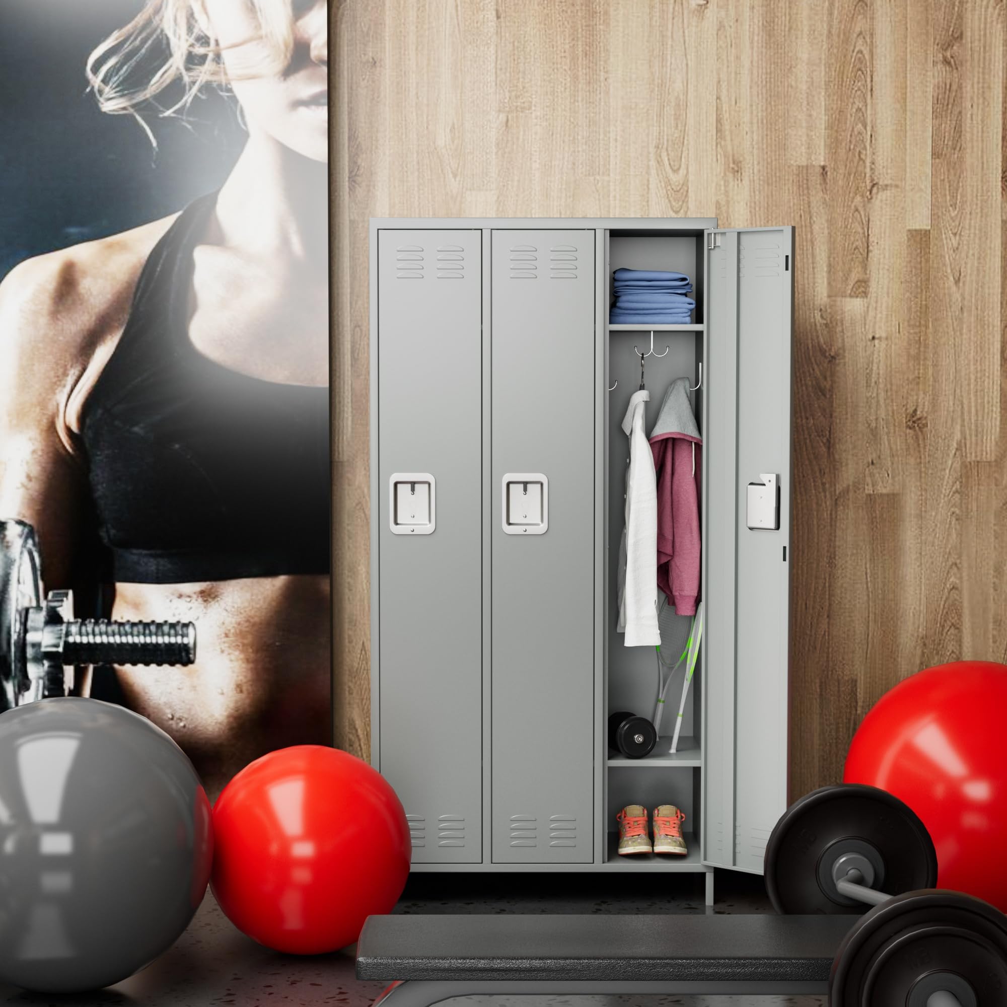 3-Door Metal Storage Locker with Hooks - Light Gray Employee Locker for School, Hospital, Gym, Home Office & Garage - Easy Assembly | Perfect for Employee Storage, Sports Equipment & Organization