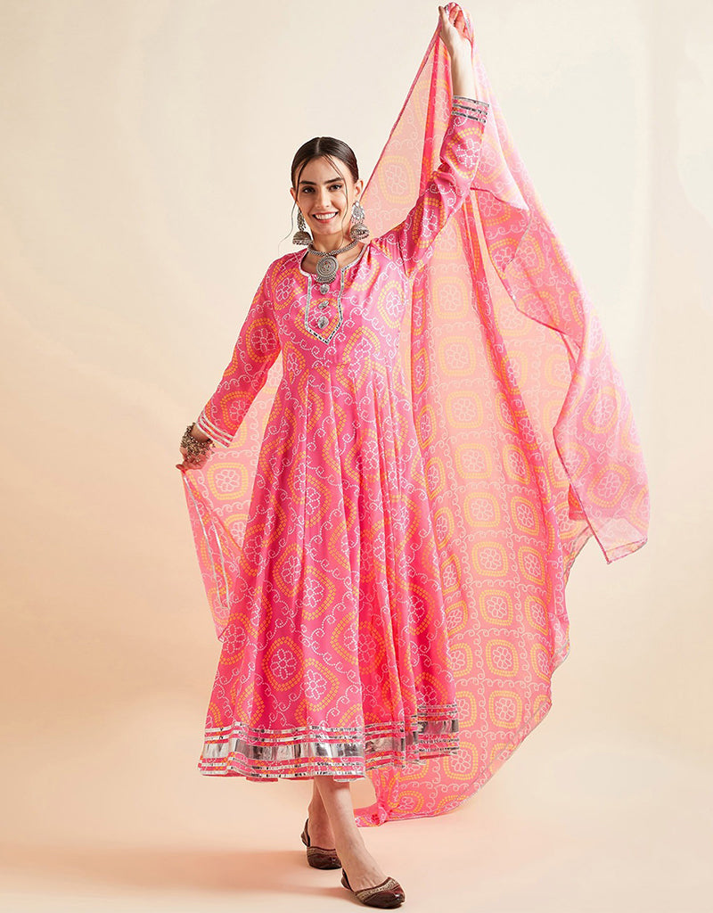 Bandhani Printed Flared Maxi Ethnic Dress with Dupatta - Pink Sherbet Georgette Pant Anarkali for Women | Indian Traditional Party Wear | Wedding, Festival & Special Occasion Outfit