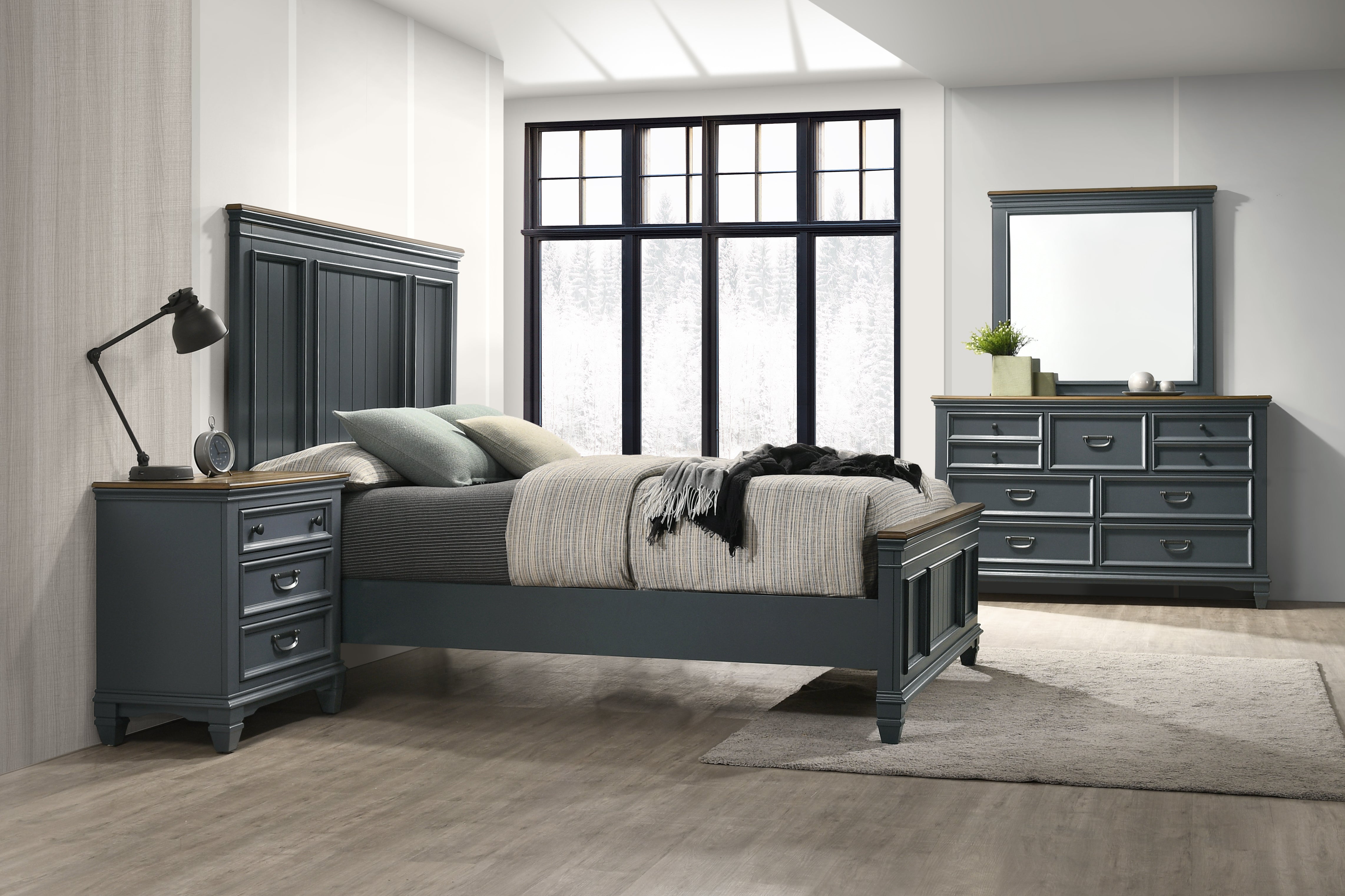 Roundhill Furniture Clelane Wood Bedroom Set with Shiplap Panel Bed - Queen Size, Slate Blue Finish - Modern Farmhouse Bedroom Decor for Master & Guest Rooms