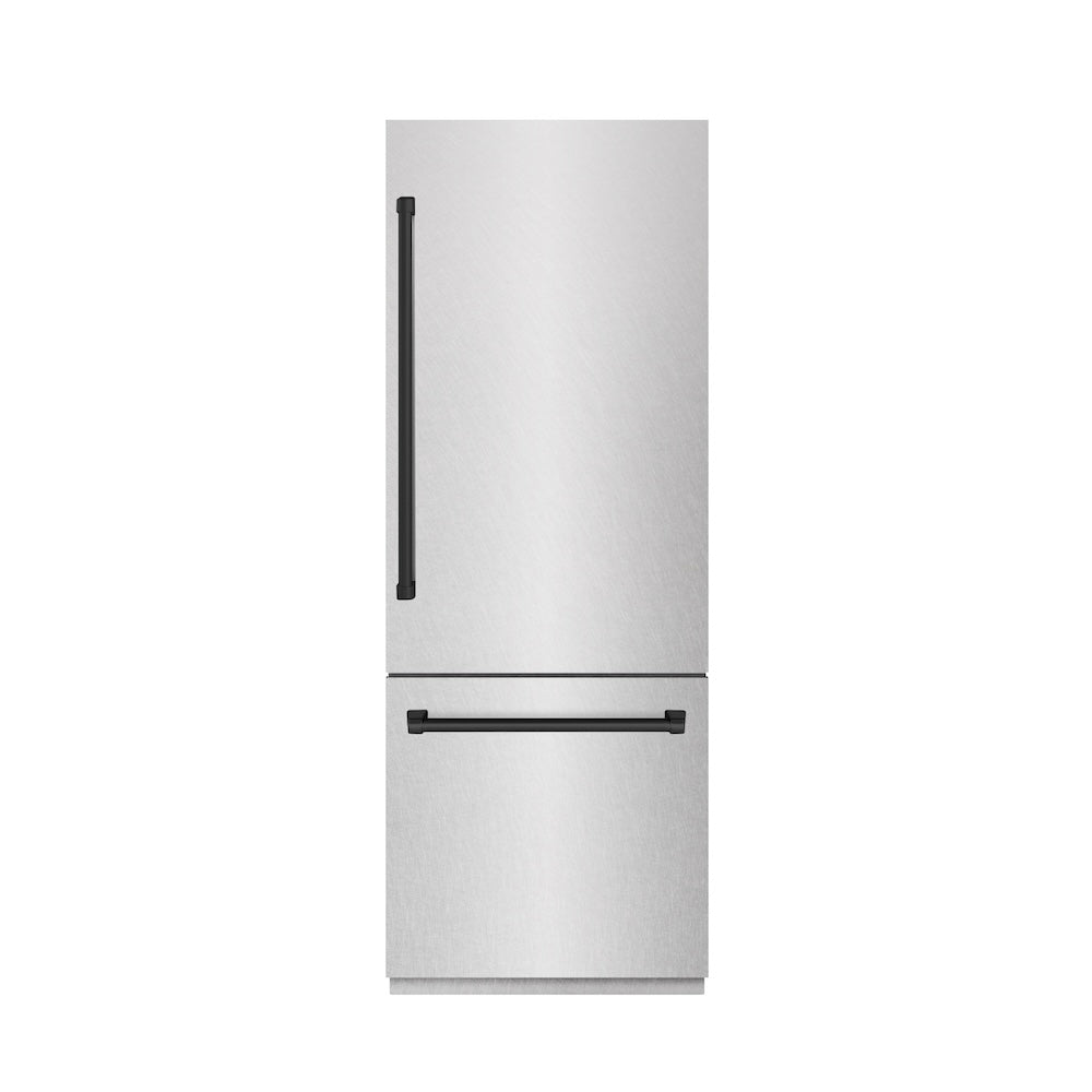 ZLINE Autograph Edition 30-Inch Built-In Bottom Freezer Refrigerator - 16.1 cu.ft Capacity, Satin Stainless Steel with Graphite Gray Interior & Matte Black Accents - Water Dispenser & Ice Maker - Perfect for Modern Kitchens & Open-Concept Homes (GRBIVZ SN 30 MB)