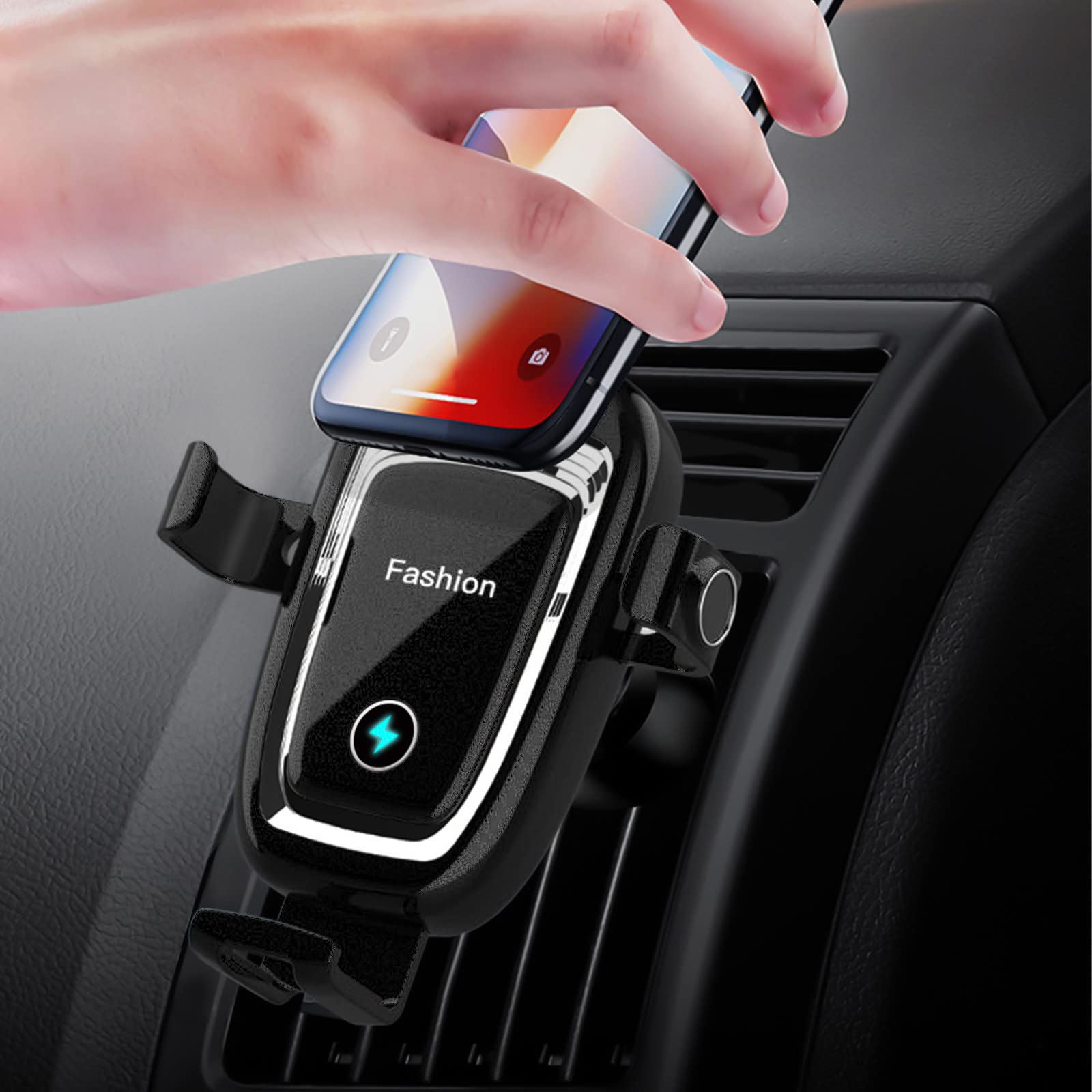 2 in 1 Wireless Car Charger & Phone Holder - 15W Fast Qi Charging Auto Clamping Mount for iPhone & Android - Perfect for Commuting, Road Trips & Hands-Free Driving (Black)